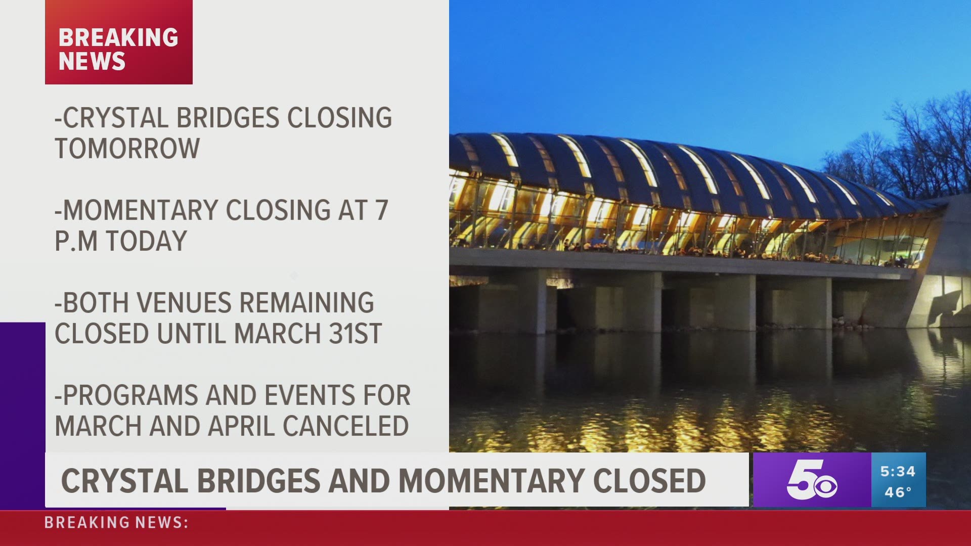 Crystal Bridges and Momentary closing until the end of March