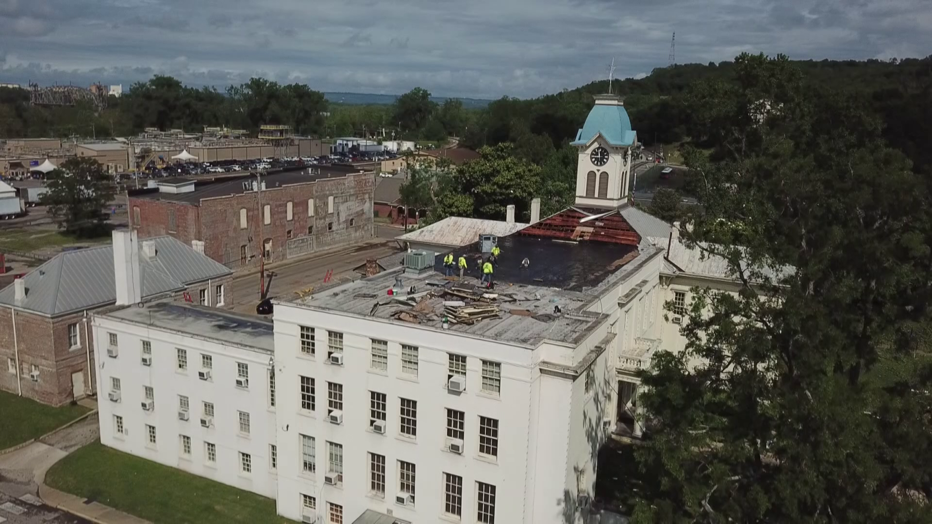 Parts of the courthouse roof were ripped off after an EF-1 tornado tore through Van Buren Monday night.