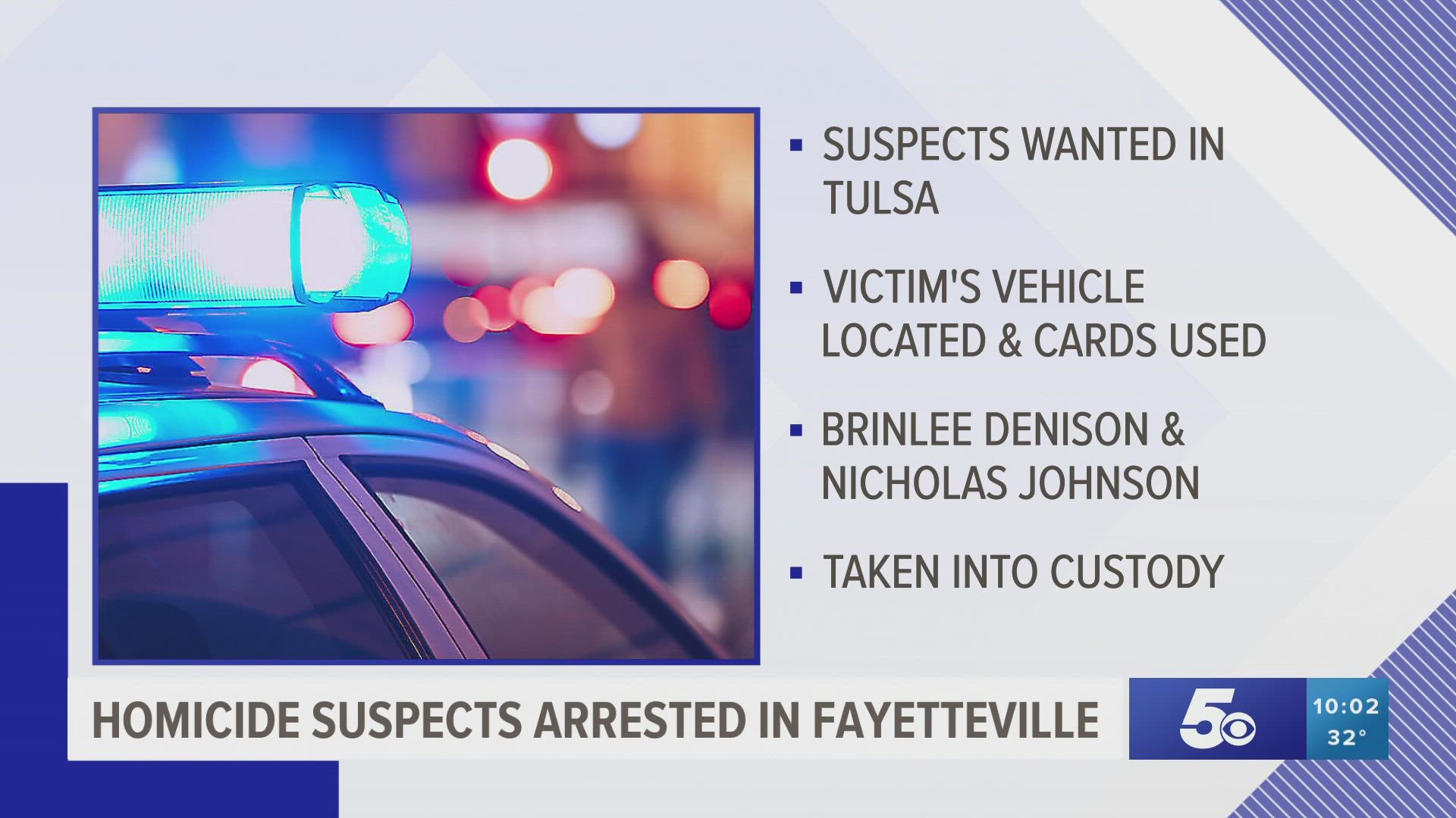 Brinlee Denison, 25, and Nicholas Johnson, 28, were arrested in connection to a homicide that happened in Tulsa, Oklahoma.