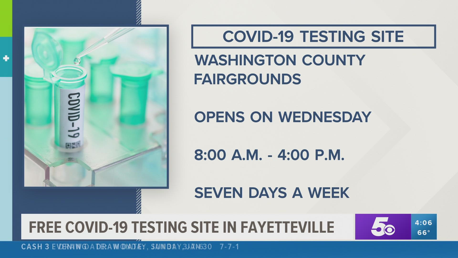 A new mass COVID-19 testing site will be open in February at the Washington County Fairgrounds in Fayetteville.