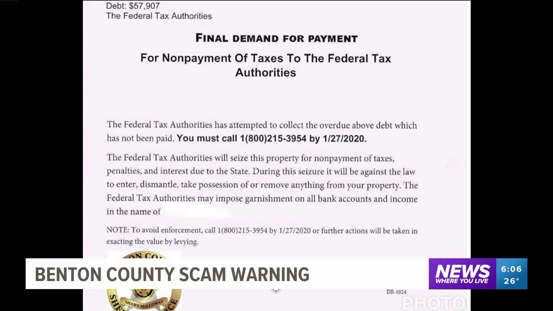 Benton County Sheriff`s Office Warning Residents About IRS Scam
