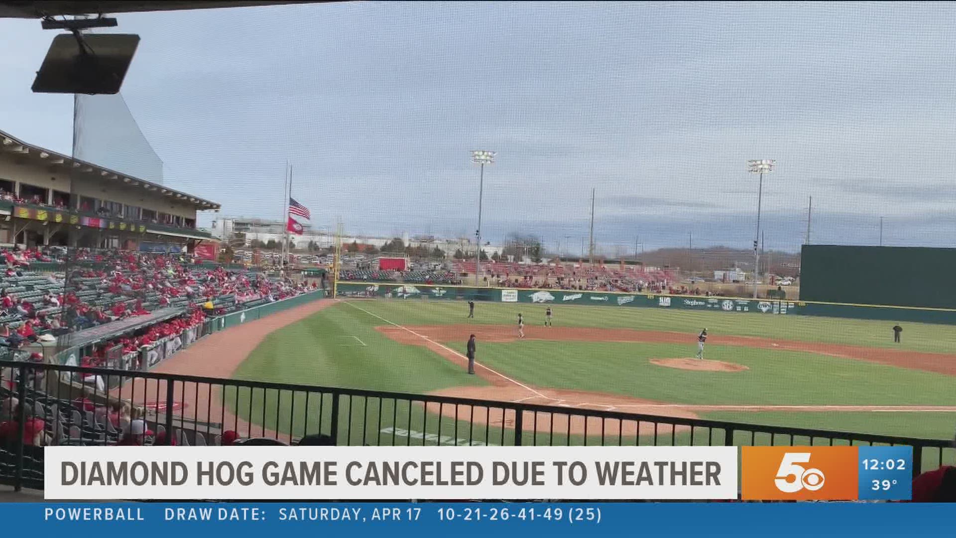 Rain and snow are expected to fall in Northwest Arkansas on Tuesday around game time, which led to the decision to cancel the ballgame.