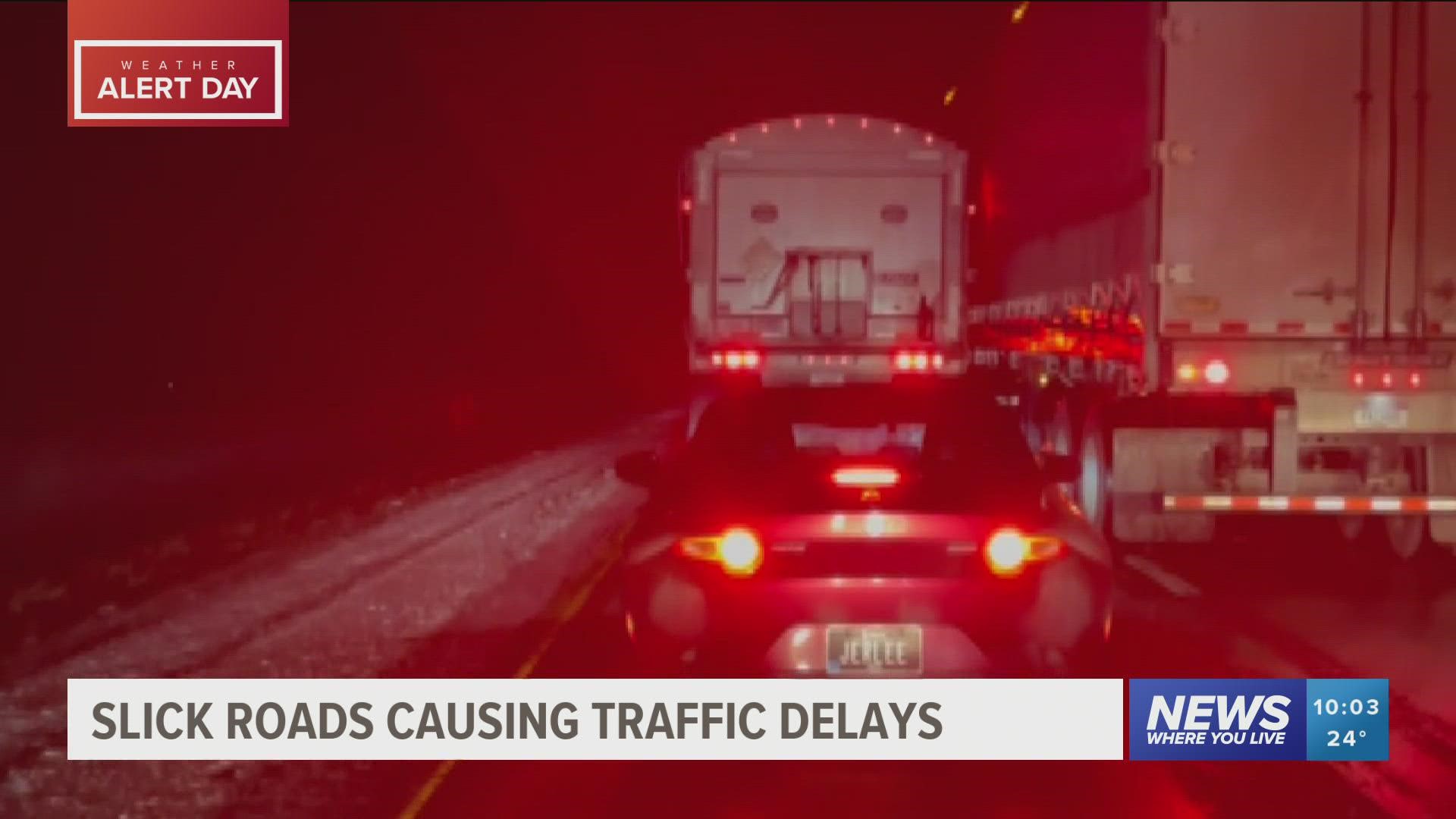Two semis are stalled near West Fork blocking traffic in the southbound lanes of I-49 as winter weather continues in northwest Arkansas and River Valley.
