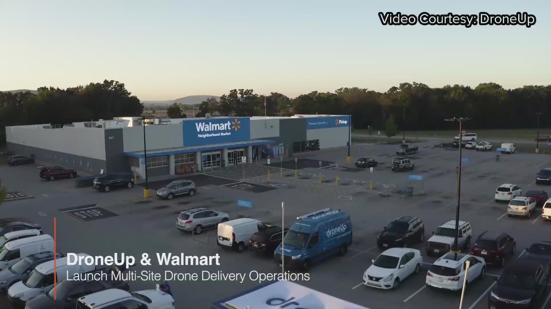 DroneUp and Walmart show off their at-home drone delivery system in a promotional video.