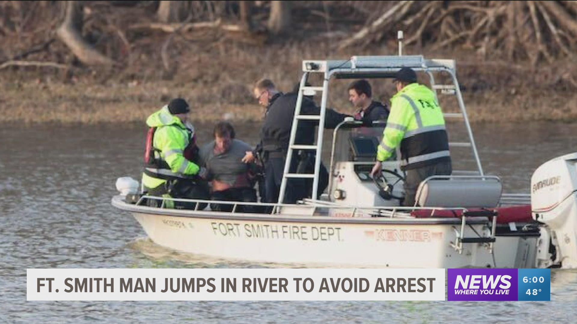 Maverick Merchka, 30, swam across the Arkansas River as he attempted to flee from bondsmen on outstanding warrants.