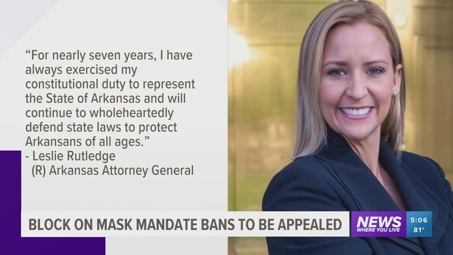 Arkansas' top legal officer says she will be appealing a judge's decision that allows local schools and governments to enact face mask mandates.