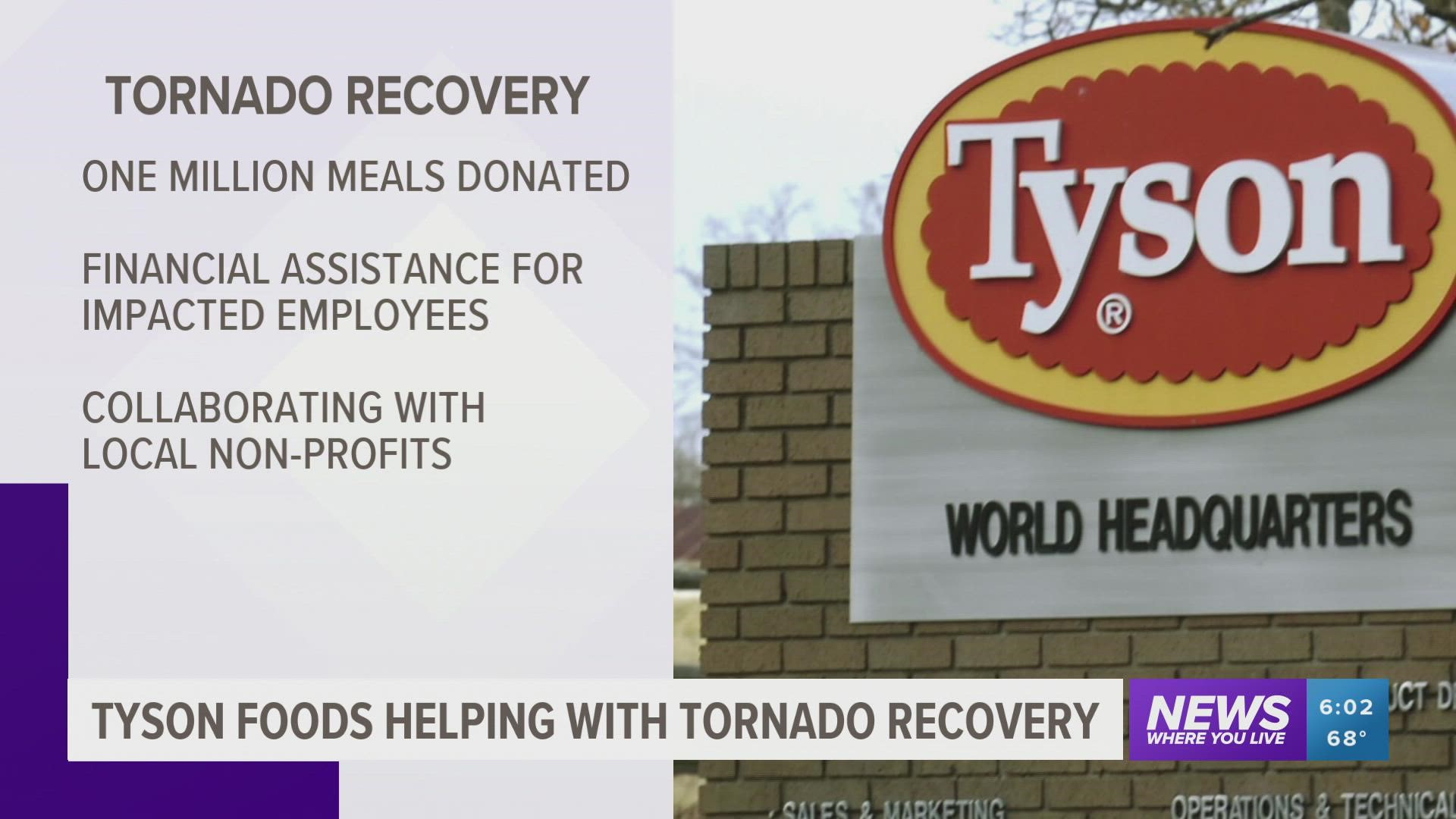 Volunteers throughout Northwest Arkansas are helping distribute one million meals donated by Tyson Foods after a tornado ripped through the area.