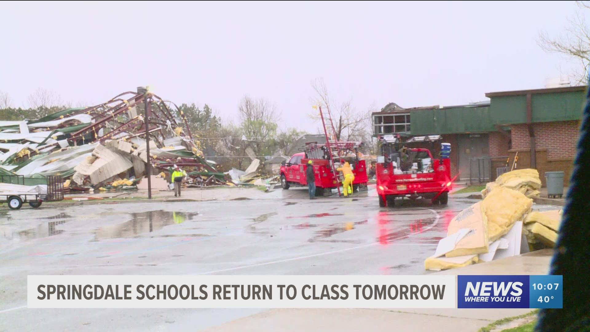 Springdale Schools were closed Wednesday, March 30, due to storm damage but will reopen Thursday following inspections done by structural engineers.