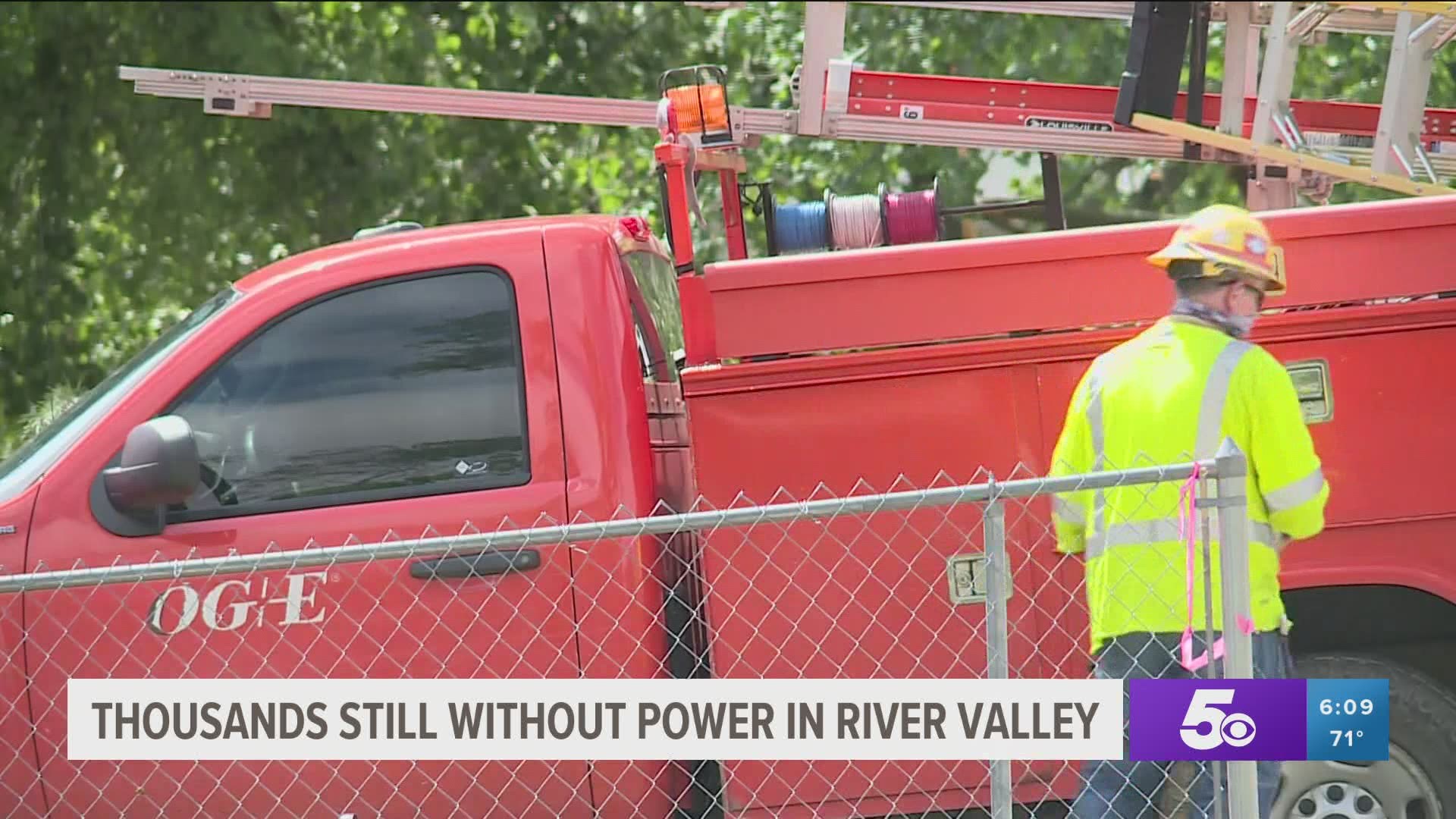 OG&E crews are still working to restore power to thousands in the River Valley following Monday night's severe storms.