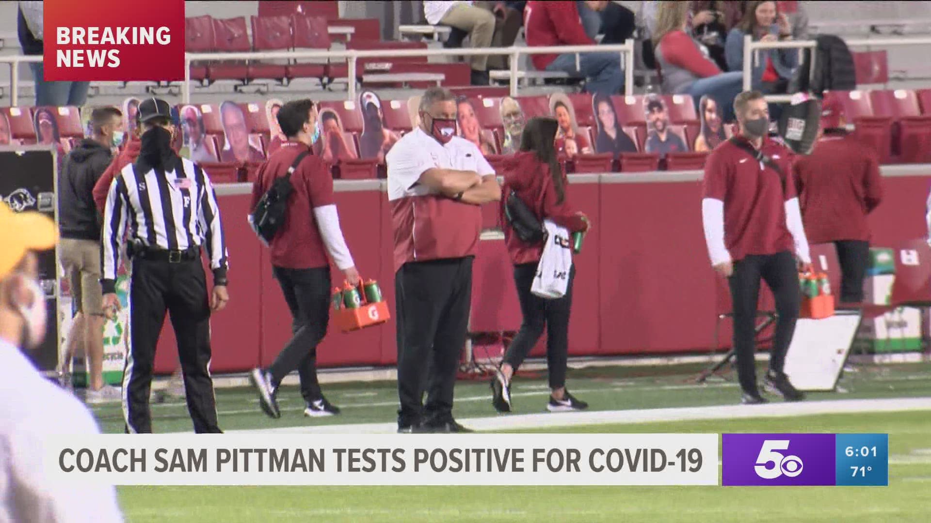 Head coach Sam Pittman has tested positive for COVID-19, the university says. https://bit.ly/36jitzL