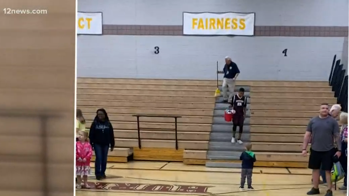 8th Grader Helps Janitor Clean Stands After School Basketball Game