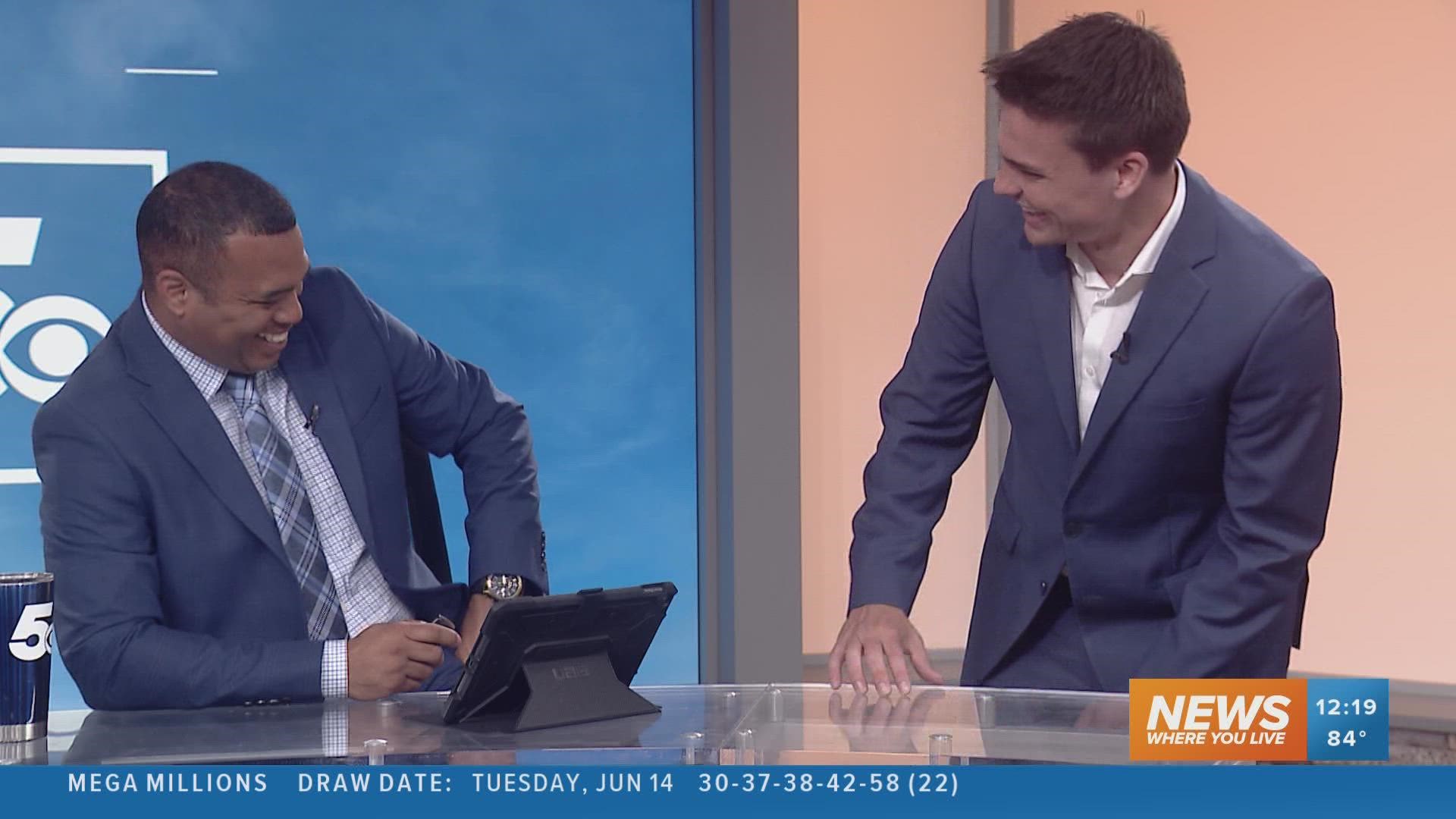 Watch as Matt tries to navigate past a tall box during the 5NEWS at Noon.