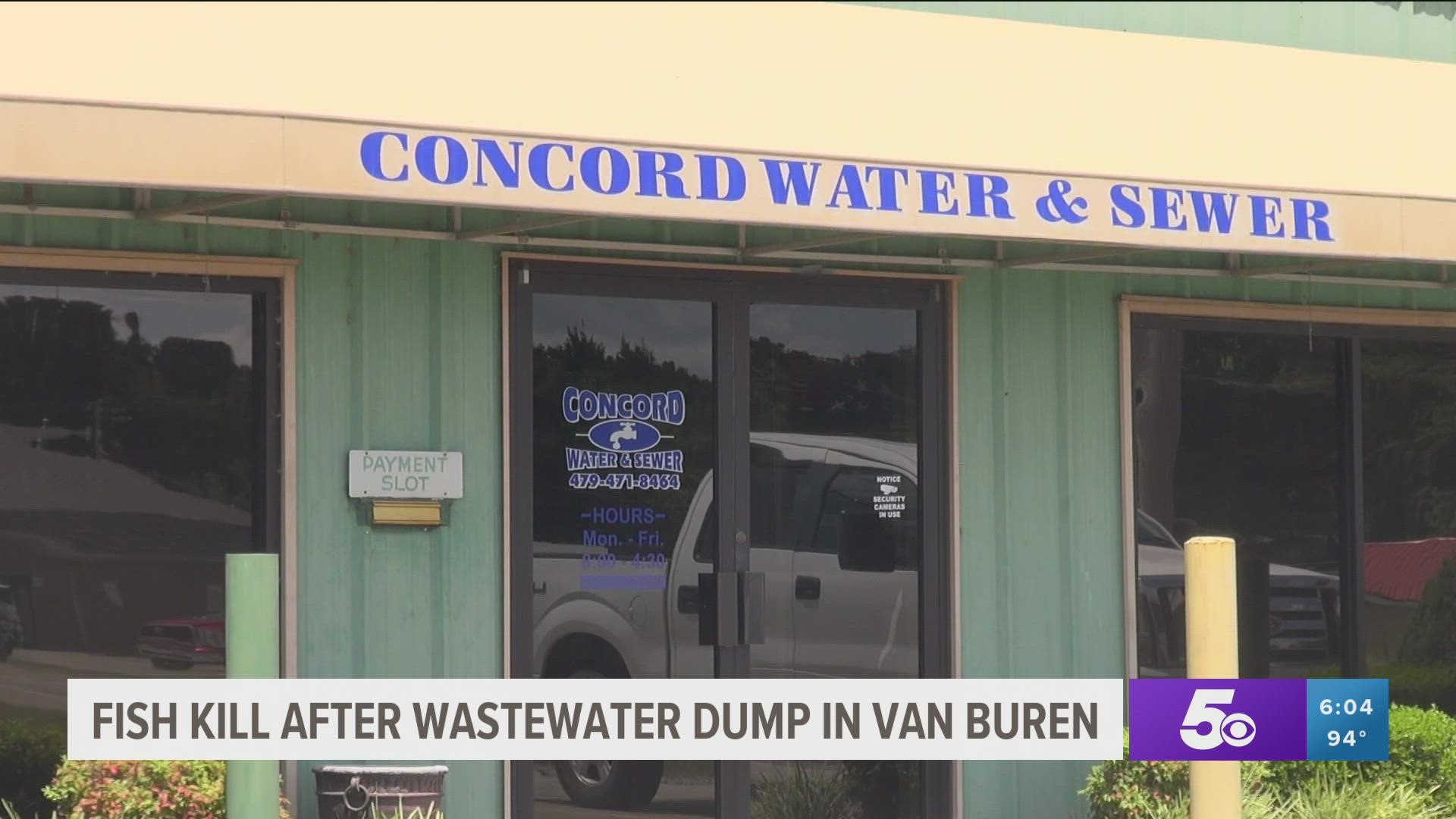 According to Arkansas Game and Fish, a leak from the Concord Water Supply in Van Buren was detected on Wednesday, Aug. 11.