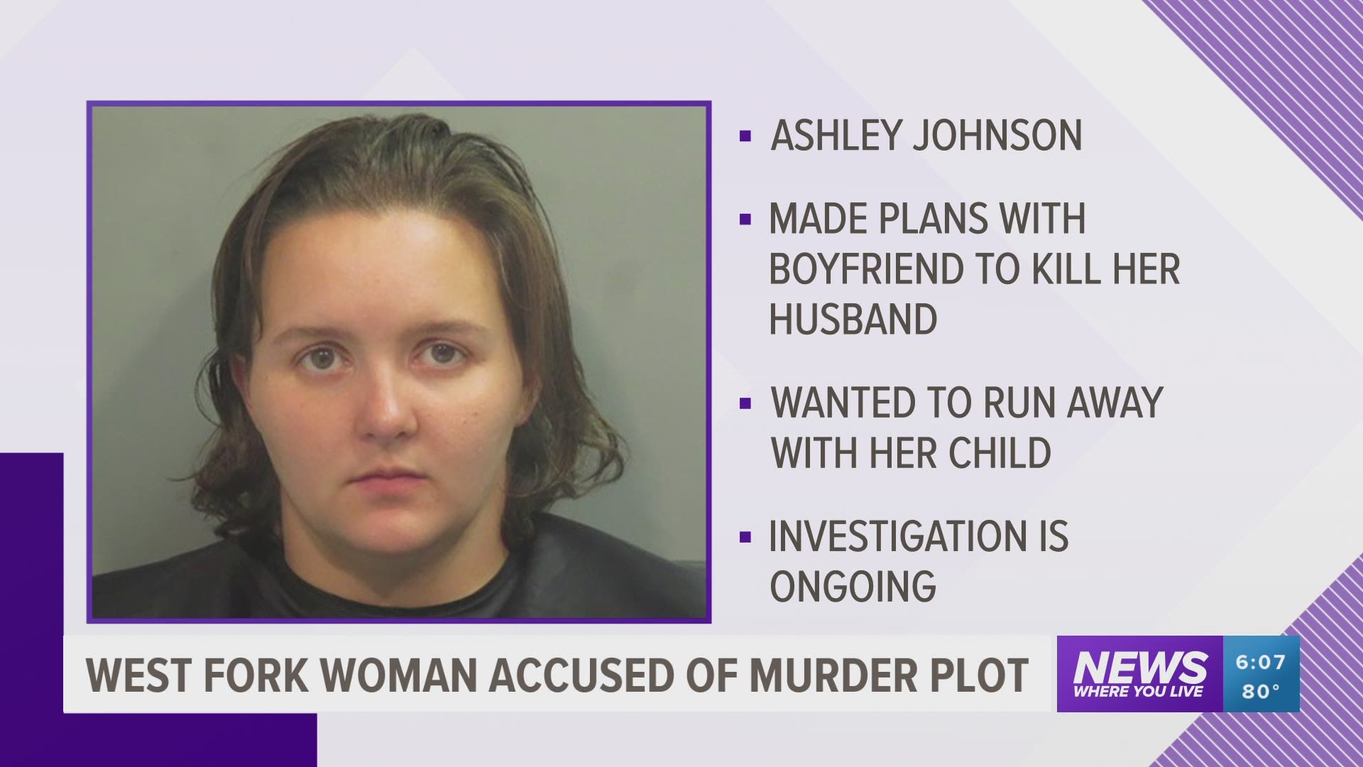 28-year-old Ashley Johnson was arrested on Aug. 2 in connection with a plot to kill her husband. https://bit.ly/2DAb9VT