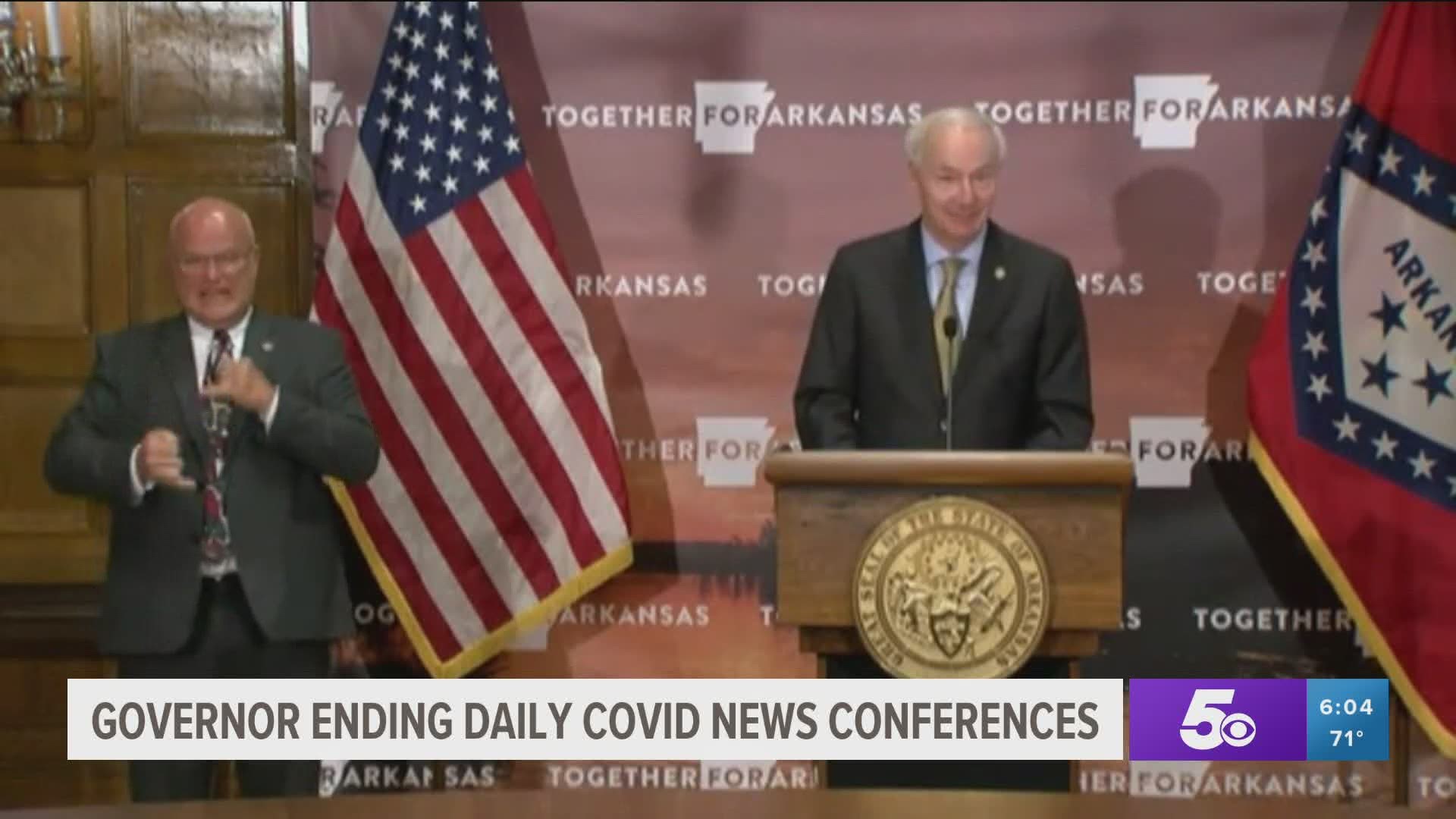 Gov. Asa Hutchinson announced Thursday (Sept. 10) that the state will be halting its daily COVID-19 new briefings. They will now take place weekly or as needed.