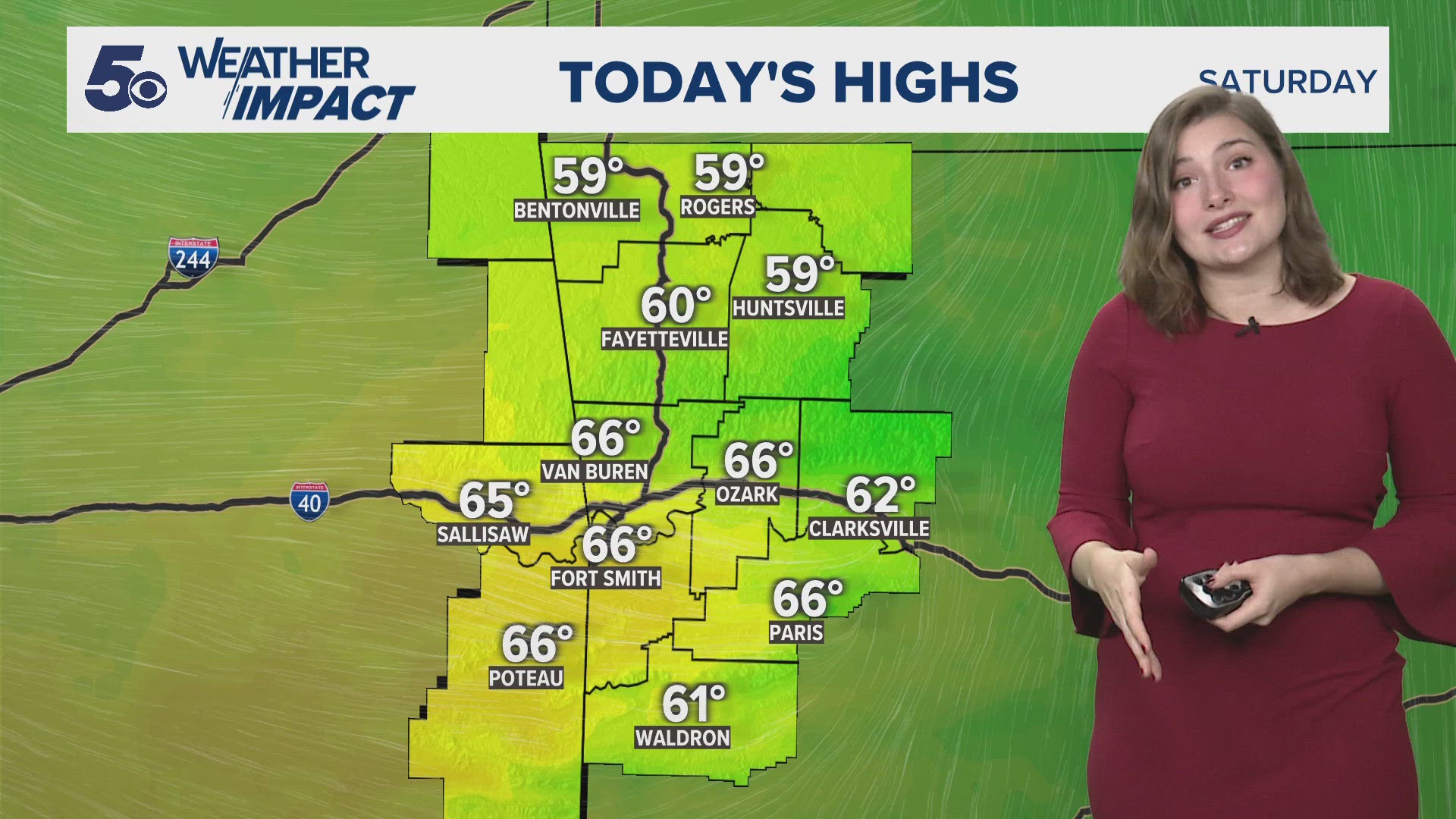 Morning showers dry over the afternoon allowing sunshine to stream across the area. High temperatures push into the 60s through the weekend before cooling down.