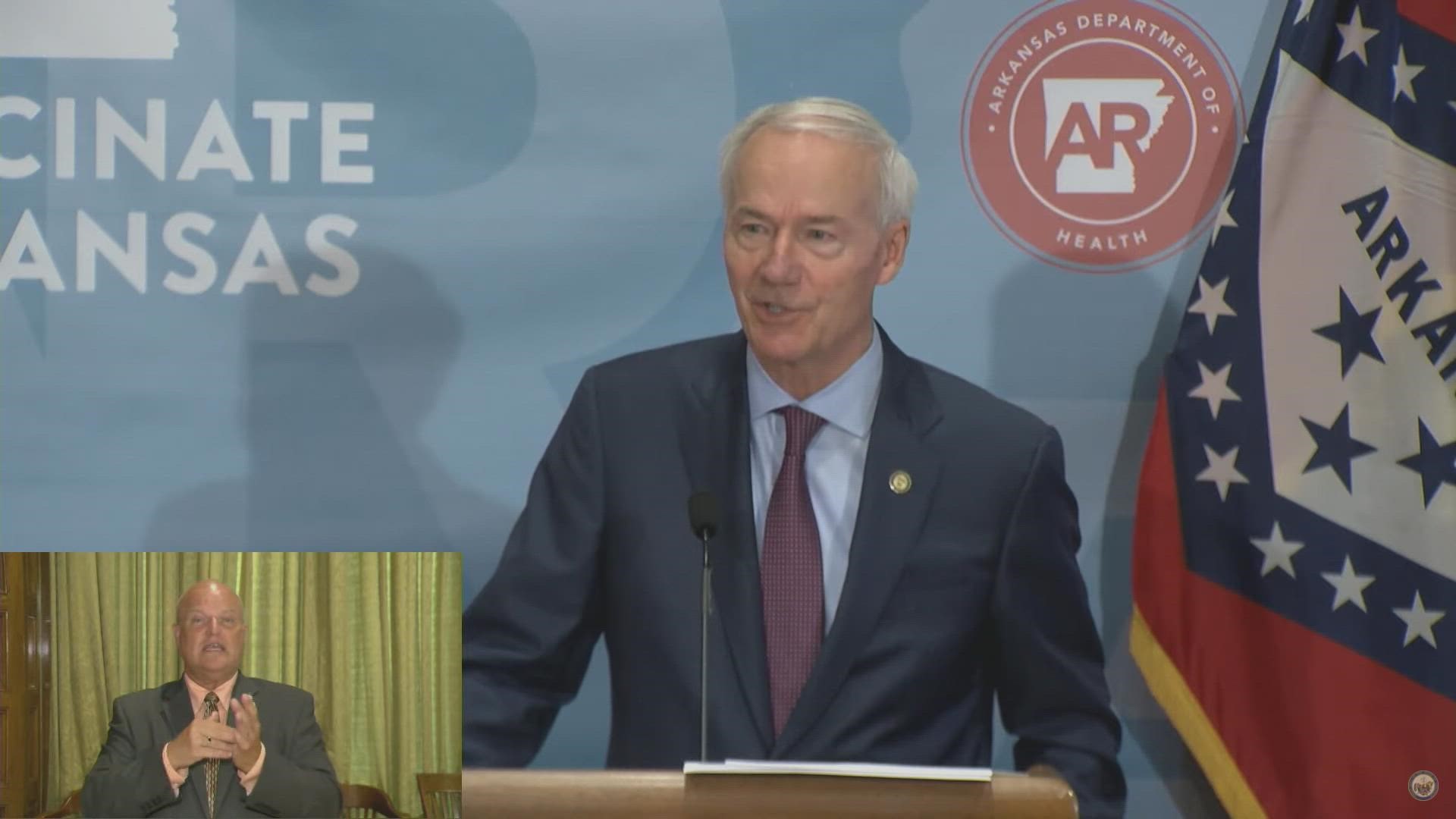 The Arkansas governor will be speaking following requests from Democrats to call a special session so that lawmakers can vote on lifting the ban on mask mandates.