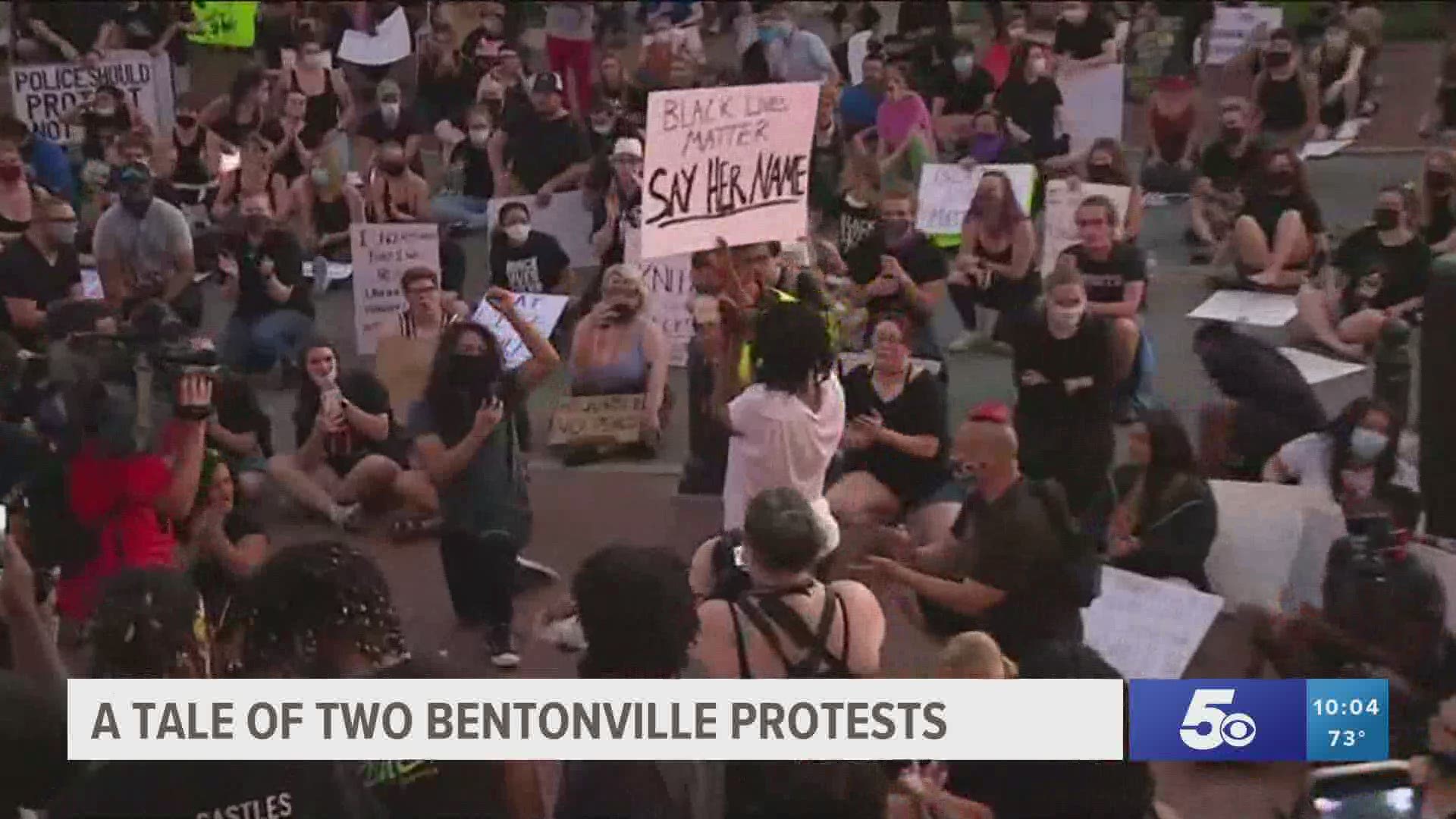 Less than a week after a peaceful protest ended with tear gas on the Bentonville Square, a second one ended much differently.