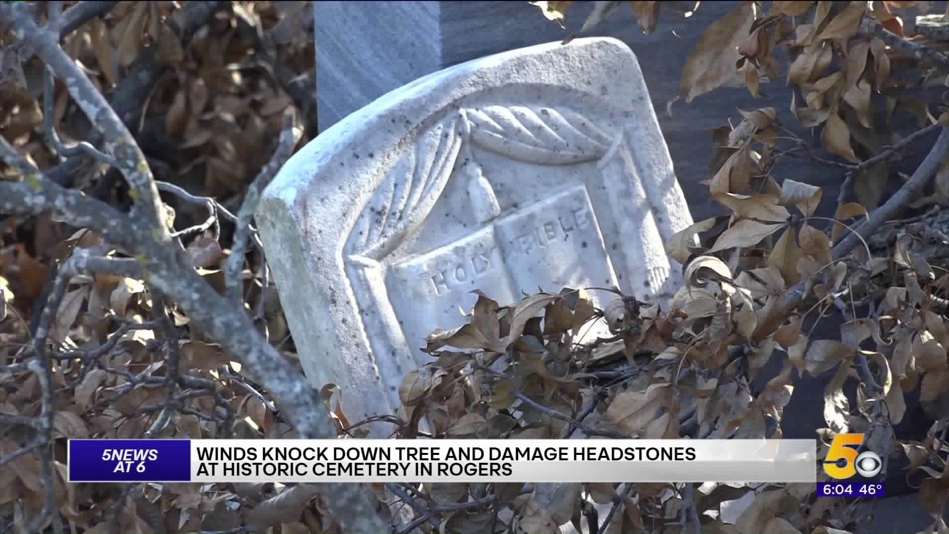 Wind Knocks Down Trees & Damages Headstones At Historic Rogers Cemetery