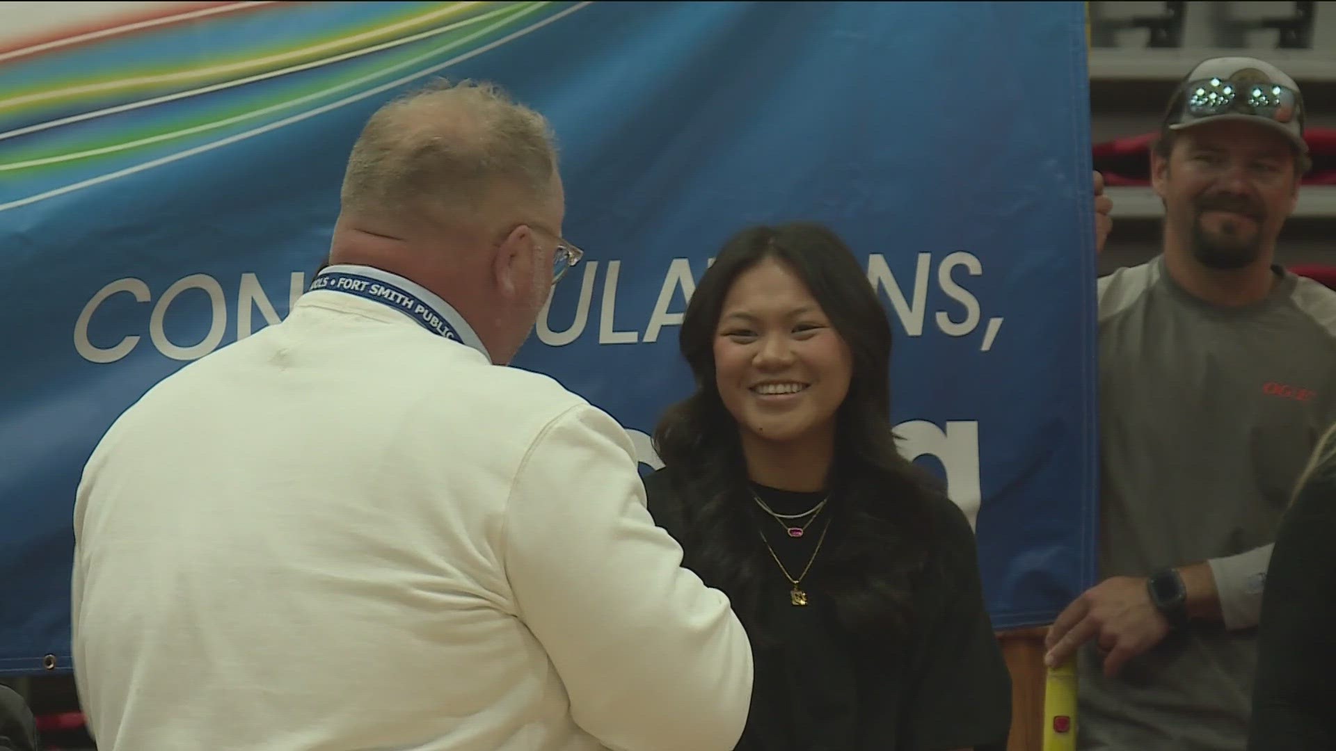 A FORT SMITH HIGH SCHOOL SENIOR-- RECEIVING A BIG SURPRISE WHEN SHE WALKED INTO CLASS THIS MORNING... AND LEARNED SHE'S GETTING A $60,000 COLLEGE SCHOLARSHIP...