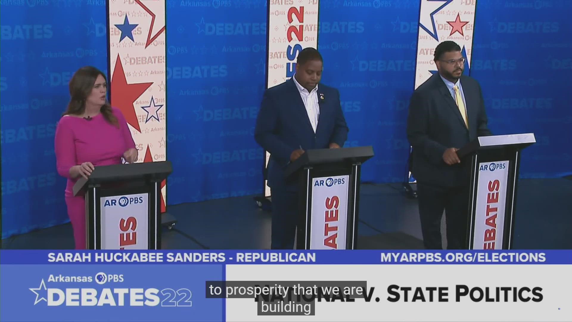 Candidates running for governor of Arkansas, Sarah Huckabee Sanders, Chris Jones and Ricky Dale Harrington Jr. are debating live on Arkansas PBS.