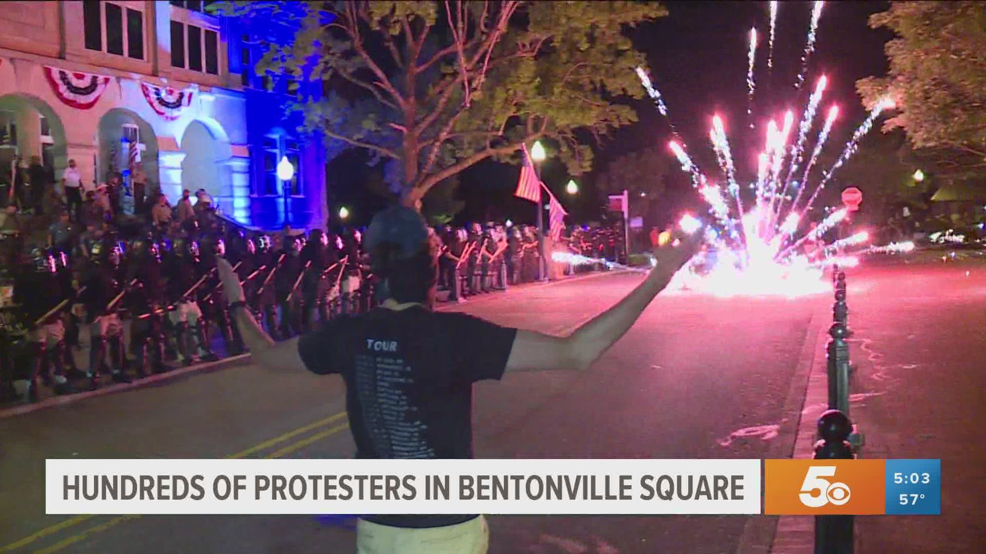 What started as a peaceful protest with people marching around the Bentonville Downtown Square drastically changed once the sun went down.