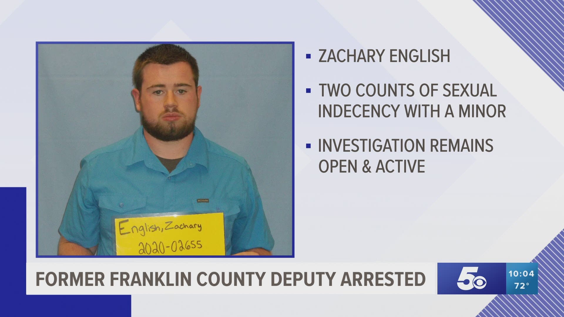 Zachary English was charged at the time of the arrest with two counts of Sexual Indecency with a Minor. https://bit.ly/32PtuqJ