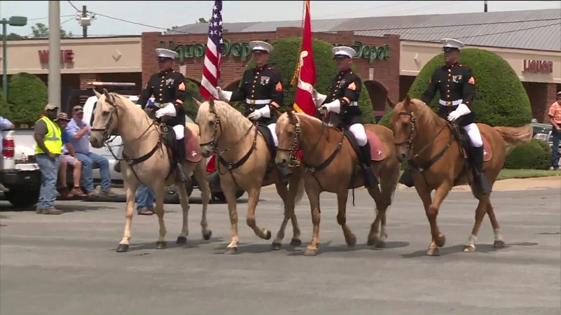 Marine Corps Mounted Color Guard Leads Rodeo Of Ozarks Parade