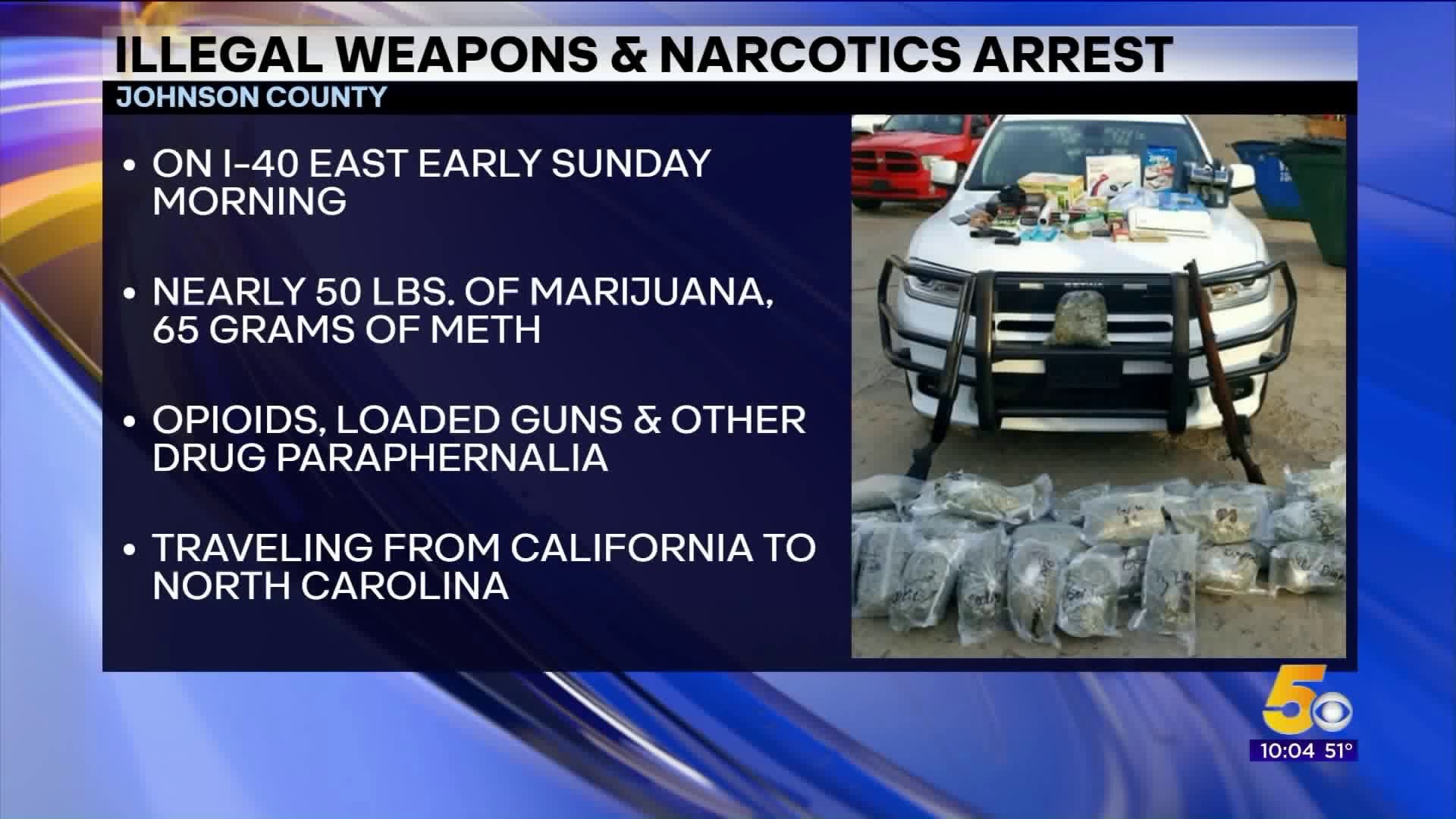 Man Arrested After 50 Pounds Of Marijuana, Meth And Firearms Found In Vehicle In Johnson County