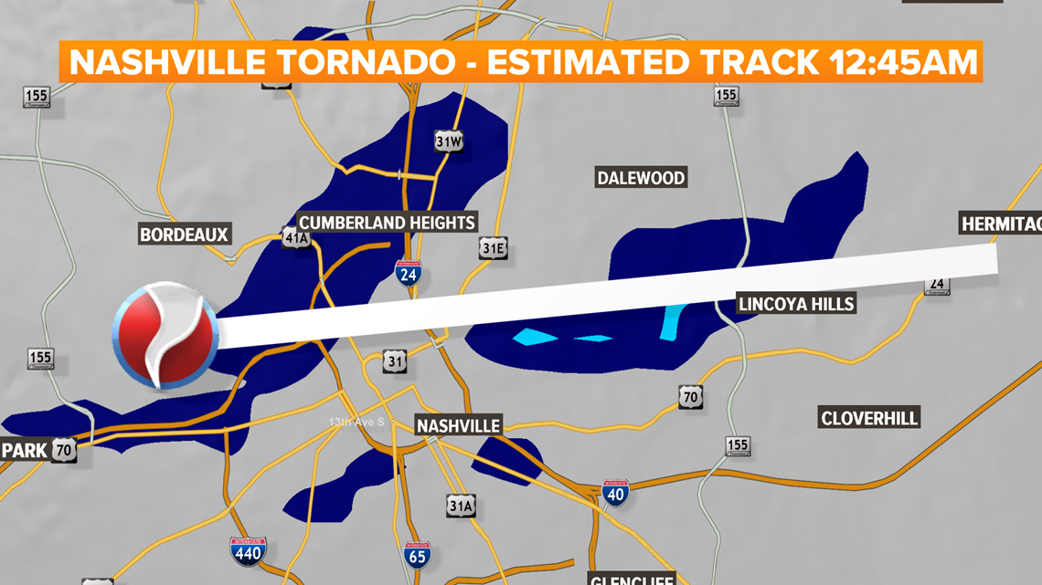 Nashville tornado estimated track