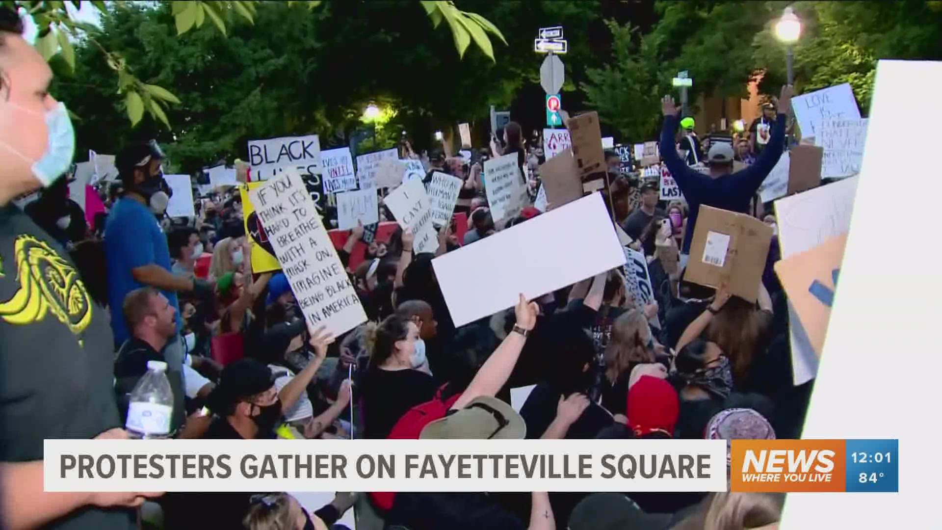 People gathered at the Fayetteville Square Tuesday to peacefully protest police brutality.