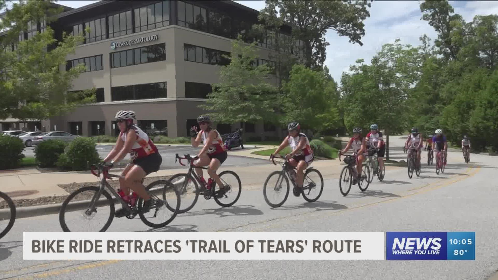 The group of all-female participants from the Cherokee Nation's Remember the Removal Bike Ride stopped in Fayetteville while completing the three-week-long journey.