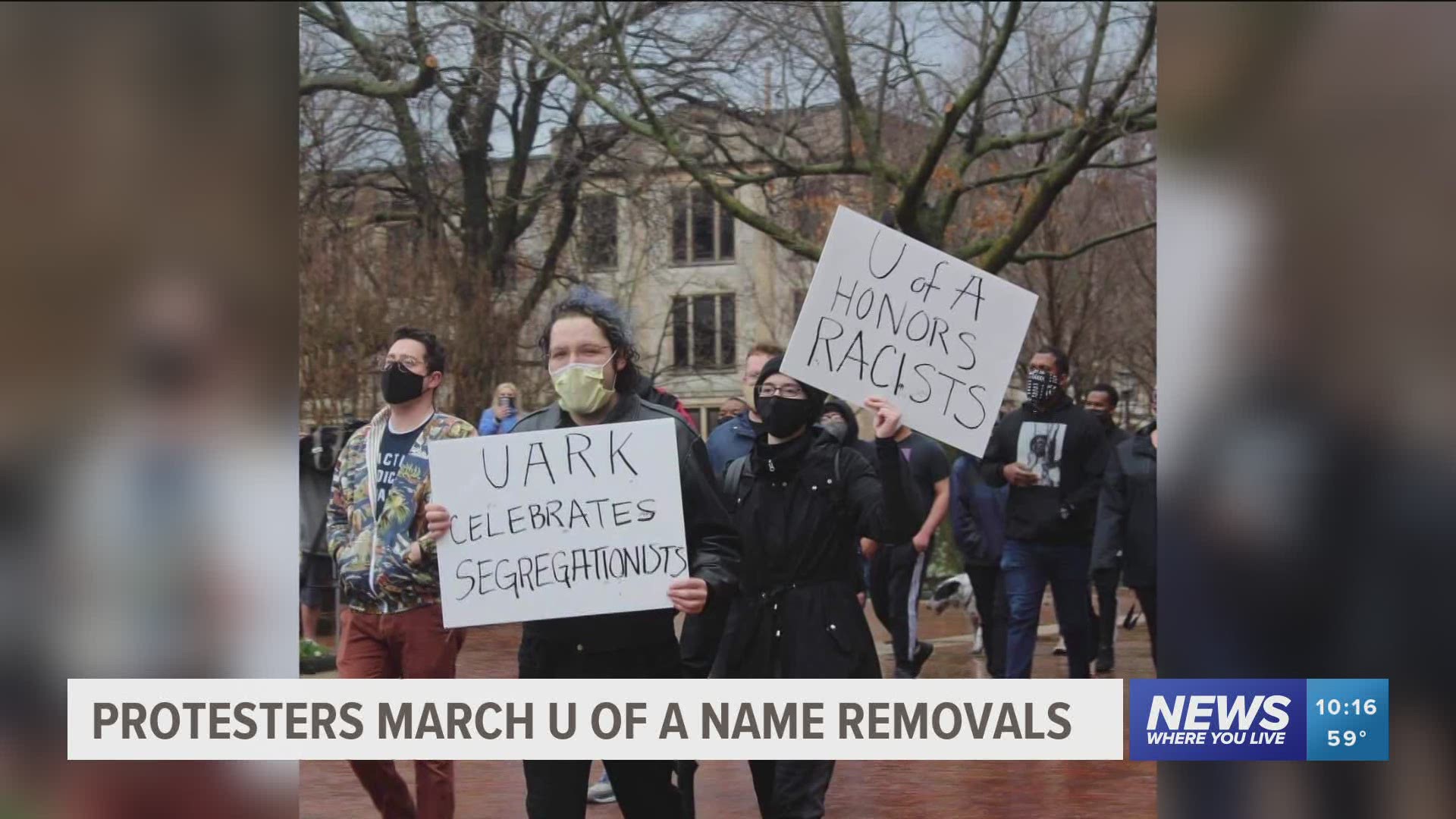 A protest took place today at the University of Arkansas with students aiming to remove the names of J. William Fullbright and Charles Brough from the campus.