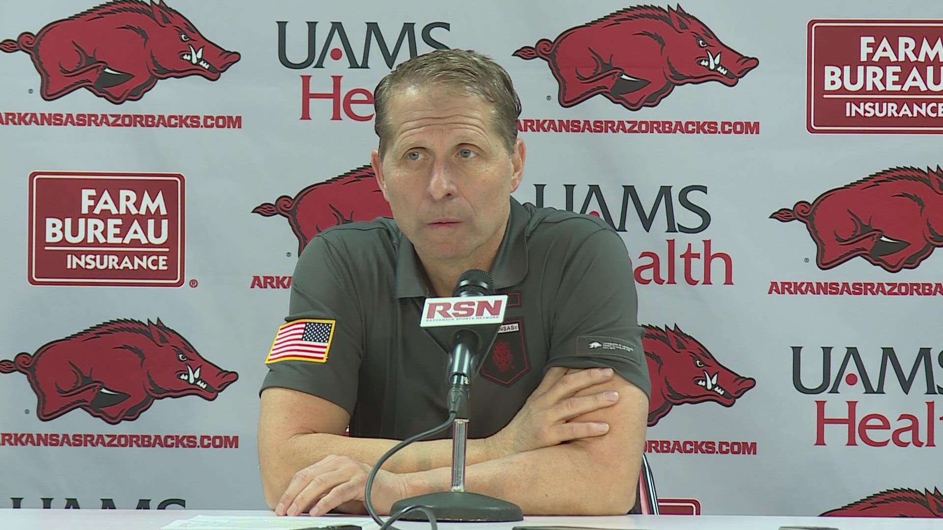The Razorbacks' head coach speaks with the media after the team's 69-57 victory over Ole Miss at Bud Walton Arena.