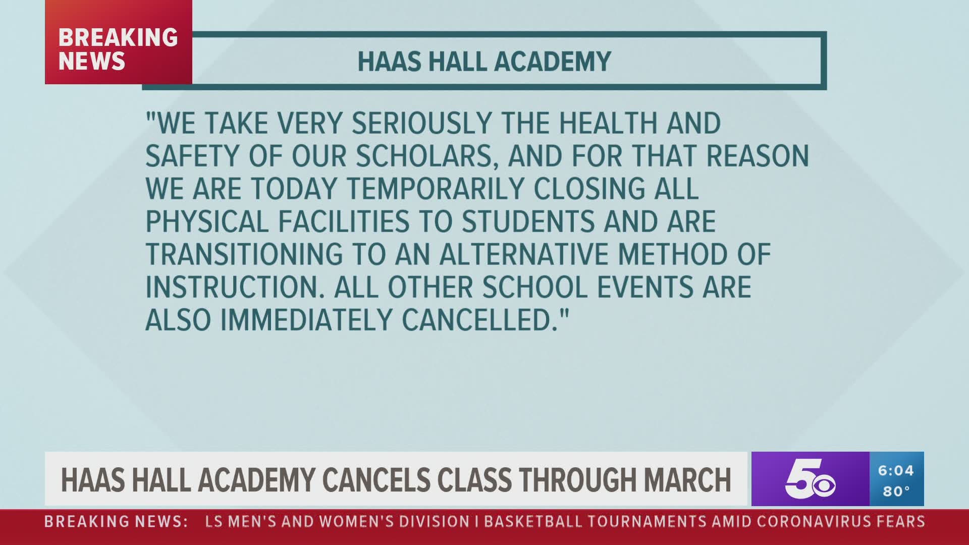 Haas Hall Academy cancels class through March