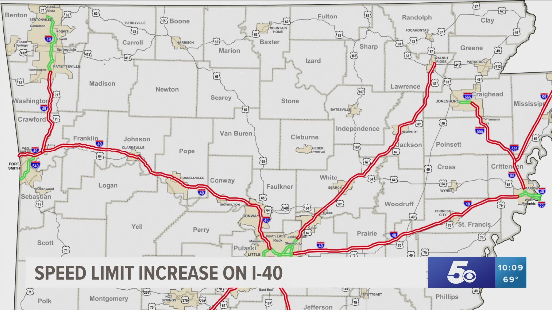 The speed limit from the Oklahoma border to Little Rock is increasing to 75 miles per hour on Interstate 40. https://bit.ly/2Xx647M