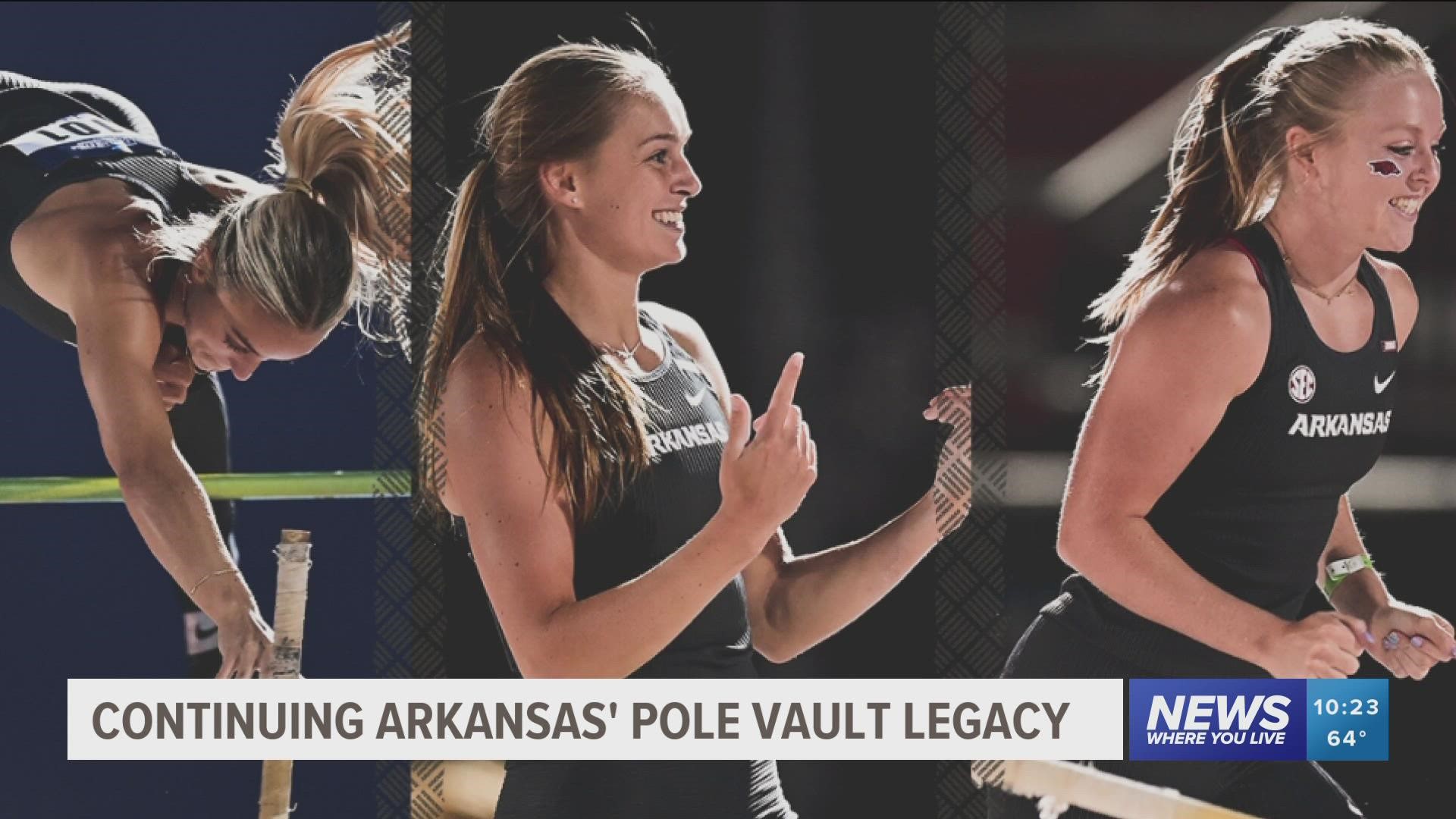 Amanda Fassold, Mackenzie Hayward and Bailee McCorkle look to continue Arkansas' history of success in the event Thursday in Eugene, Oregon.