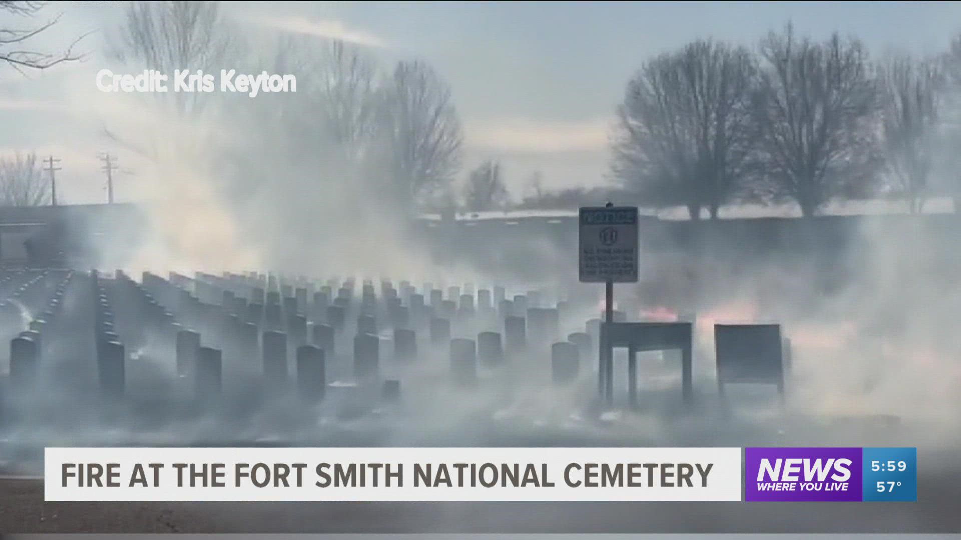 Rows of headstones have been damaged after a grass fire swept through the Fort Smith National Cemetery.
