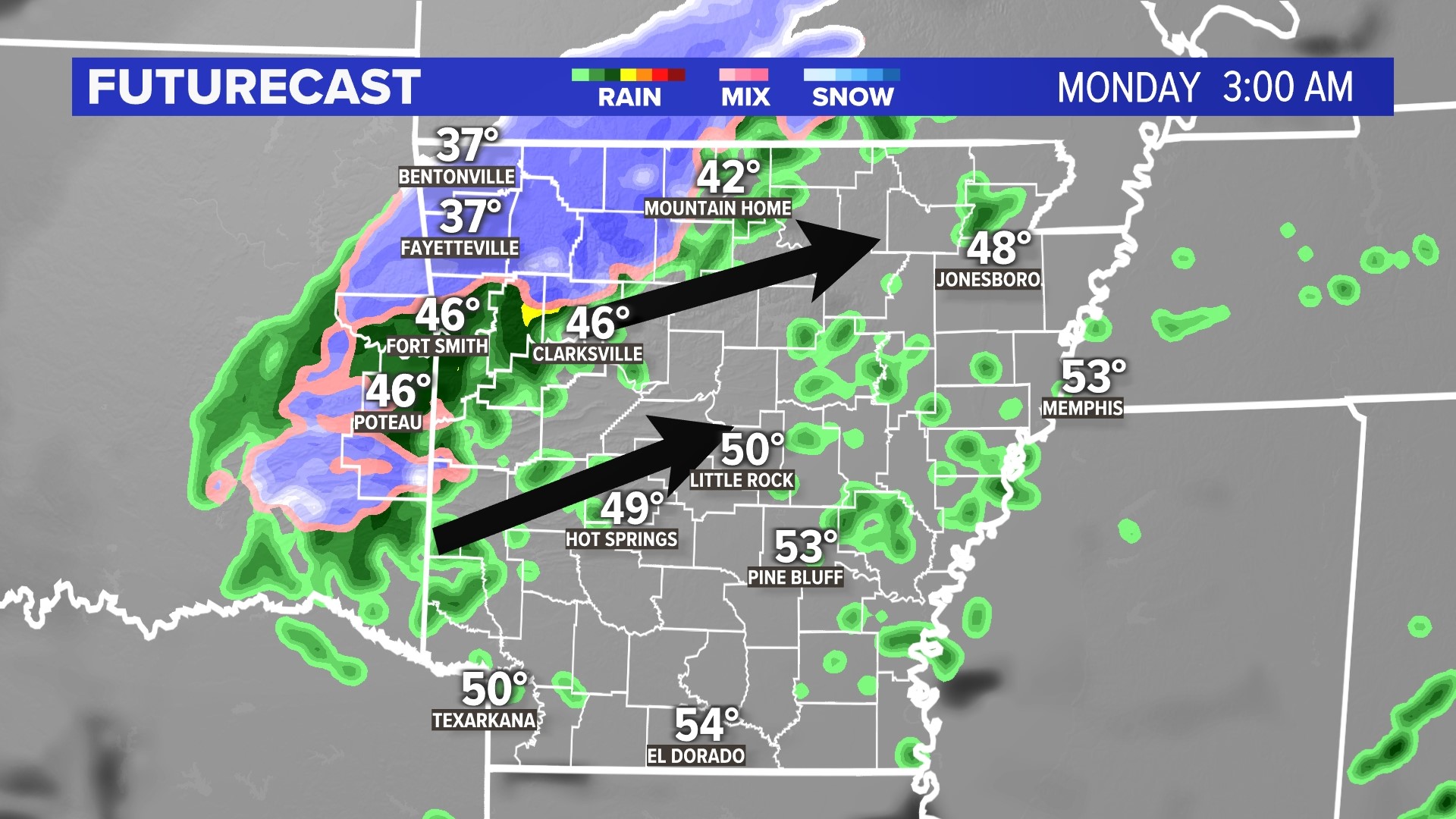 Snow chances in Arkansas on Super Bowl Sunday