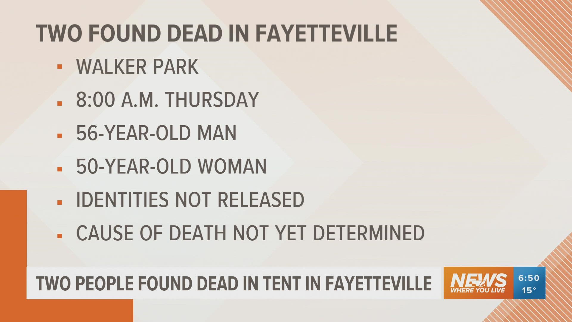 Fayetteville police say they found a man and woman in their 50s dead at Walker Park on Thursday.