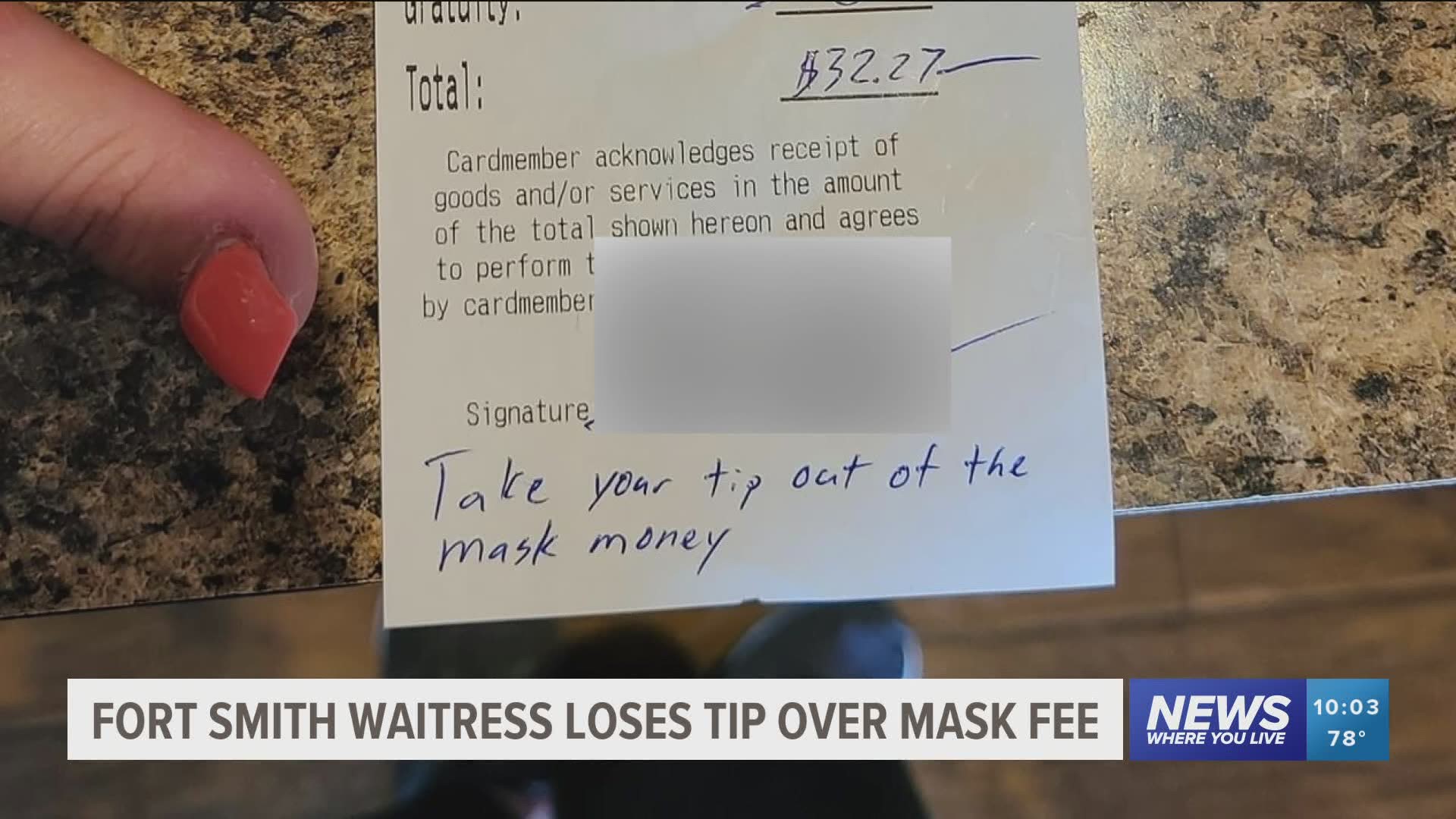 It was a $32 bill, but the couple left no tip. Instead, they left a message at the bottom reading "take your tip out of the mask money." https://bit.ly/2WFBTe4