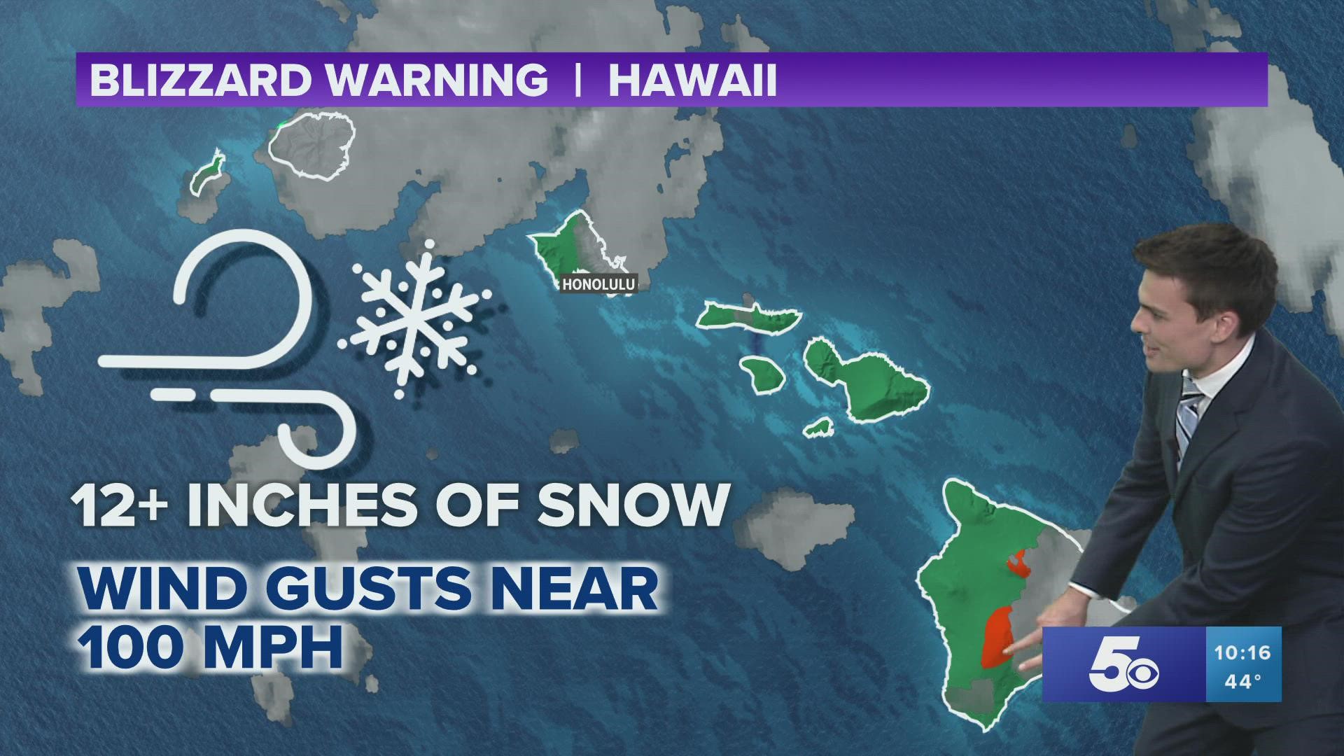 Over a foot of snow and 100+ MPH wind gusts are likely this weekend on the mountain summits of the Big Island of Hawaii. Heavy rain is expected for lower elevations.