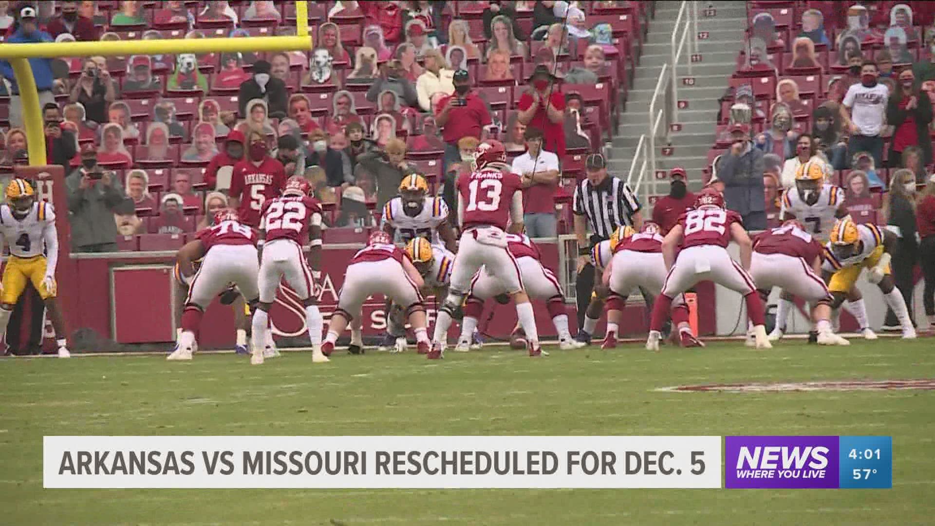 The game was initially rescheduled due to a COVID-19 outbreak within the Razorback football program, according to an SEC spokesperson.