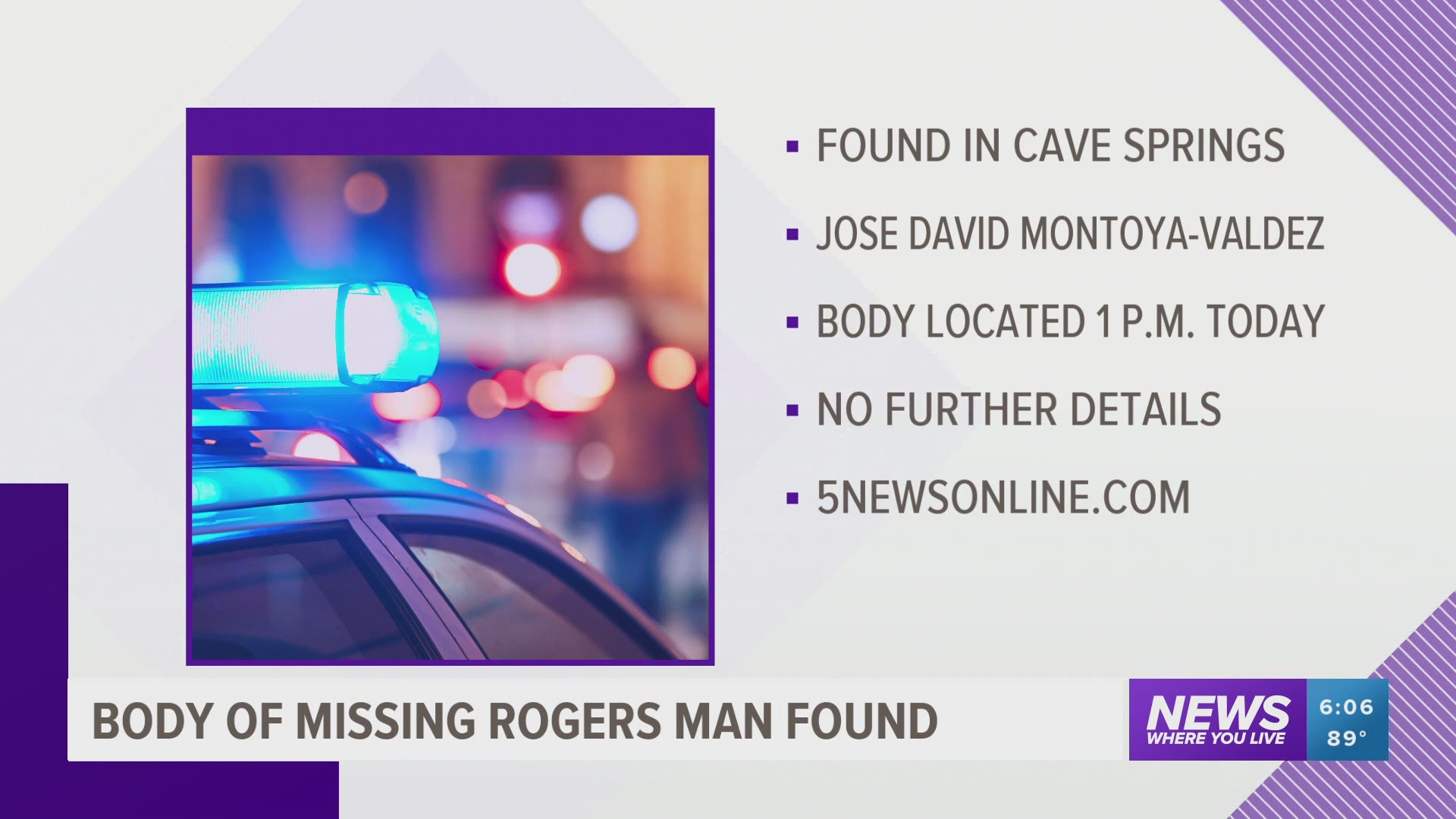 Police located a vehicle associated with a missing person's case out of Rogers on Thursday. A man's body was found nearby the following day.