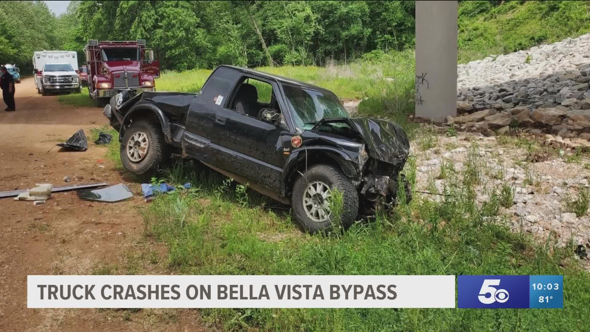 Two people are in the hospital after their truck flew off an overpass on I-49 in Bella Vista, on Thursday, May 19.  Video Credit:  Jordan Hall