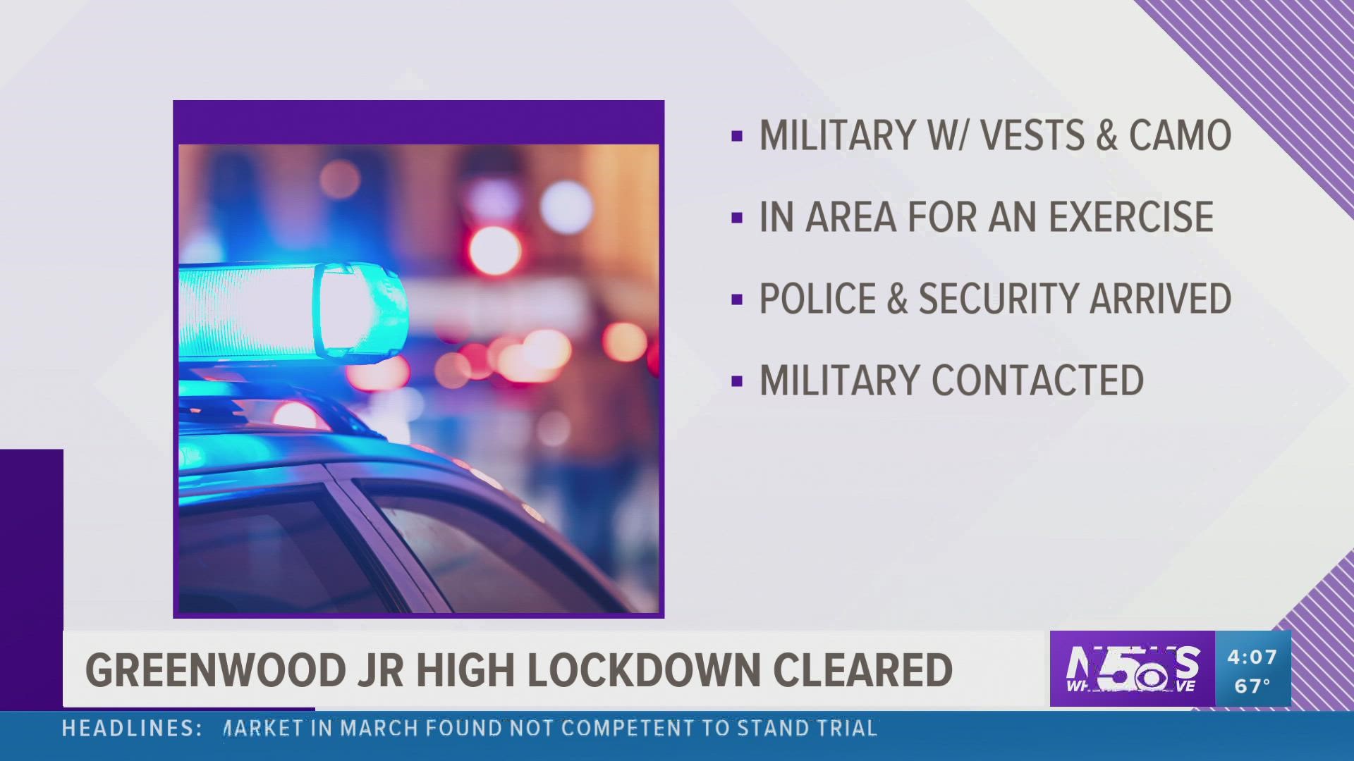 Greenwood Jr. High School went on a temporary lockdown Monday, Oct. 11, after a military training exercise.