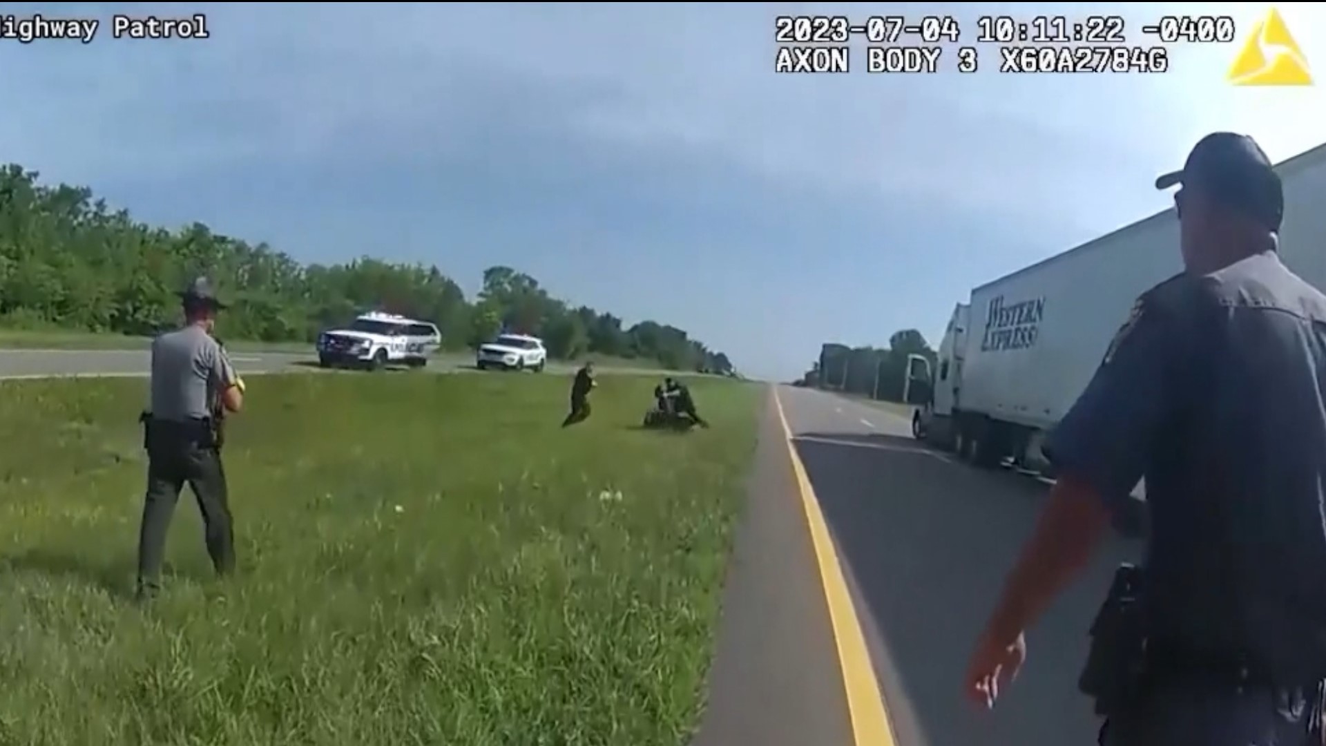 Warning: this video is graphic. Police bodycam footage shows a K9 attacking an unarmed suspect after a highway chase.