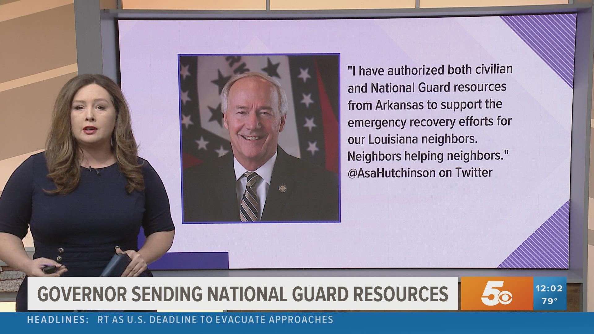 Governor Asa Hutchinson is authorizing Arkansas National Guard resources to be sent to Louisiana to aid in recovery efforts.