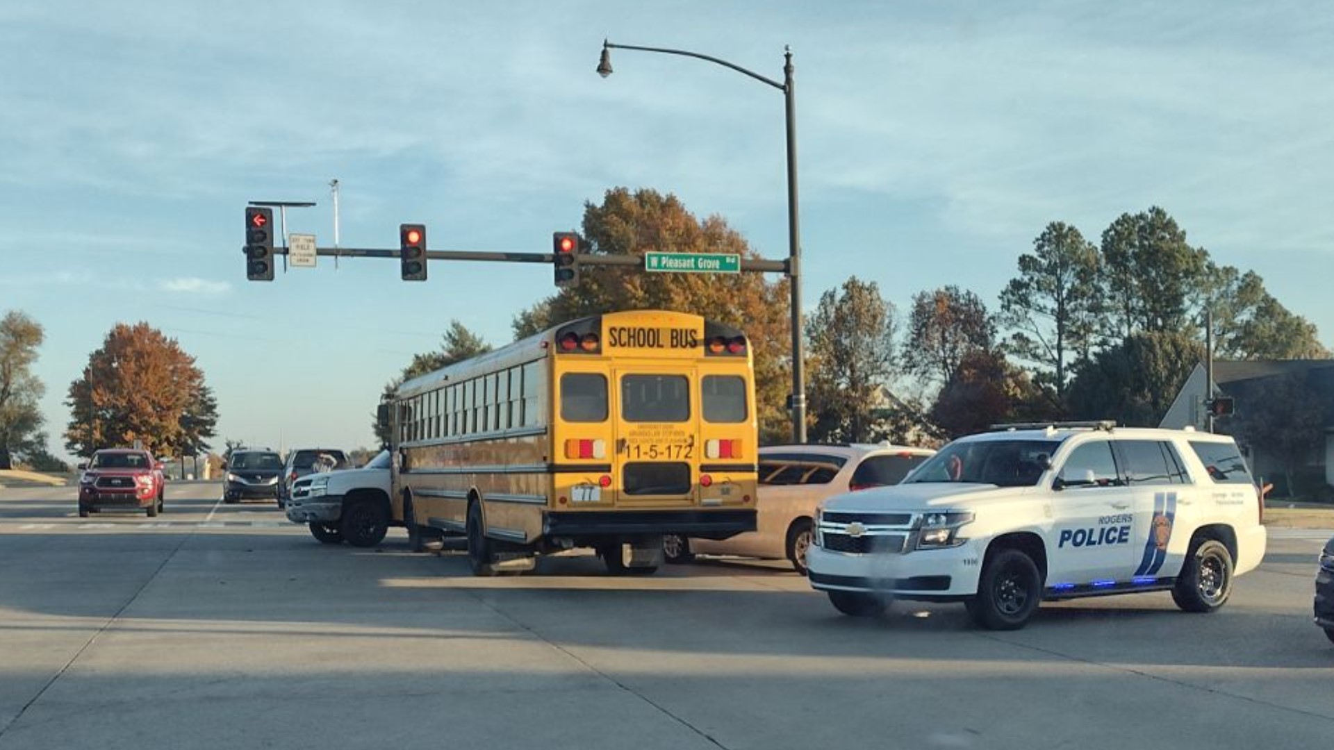 A Rogers school bus was involved in a crash at the intersection of Bellview and Pleasant Grove on Monday, Nov. 6, school officials confirm.