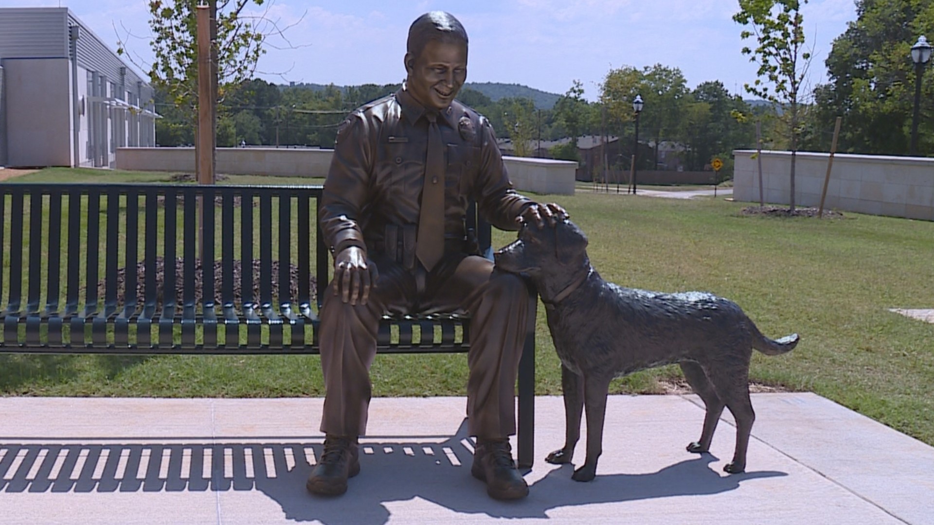 The statue outside the new Fayetteville Police Department honors Officer Stephen Carr, who died in the line of duty on December 7, 2019.